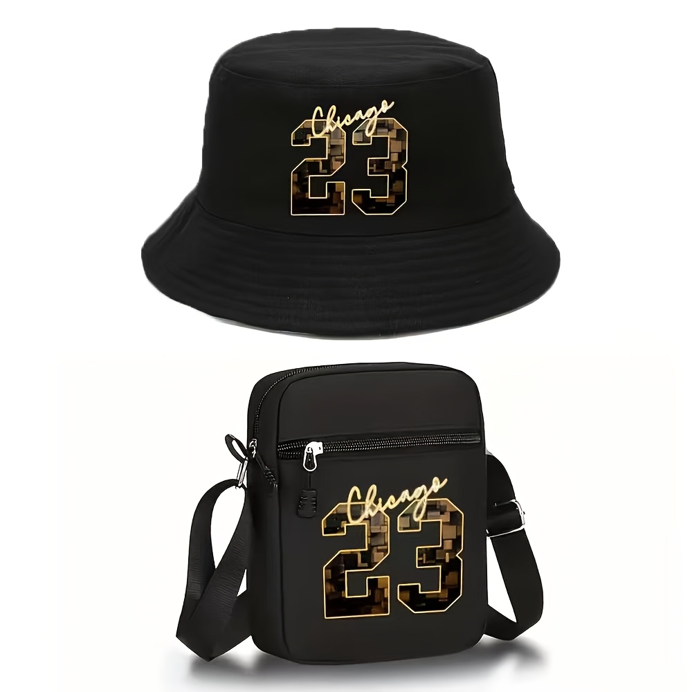 TEMU 2pcs Chicago Letters 23 Number Unisex Fisherman Hat And Body Bag, Street Fashion Outdoor Sports Sun Hat Fisherman Hat And Shoulder Bag,
