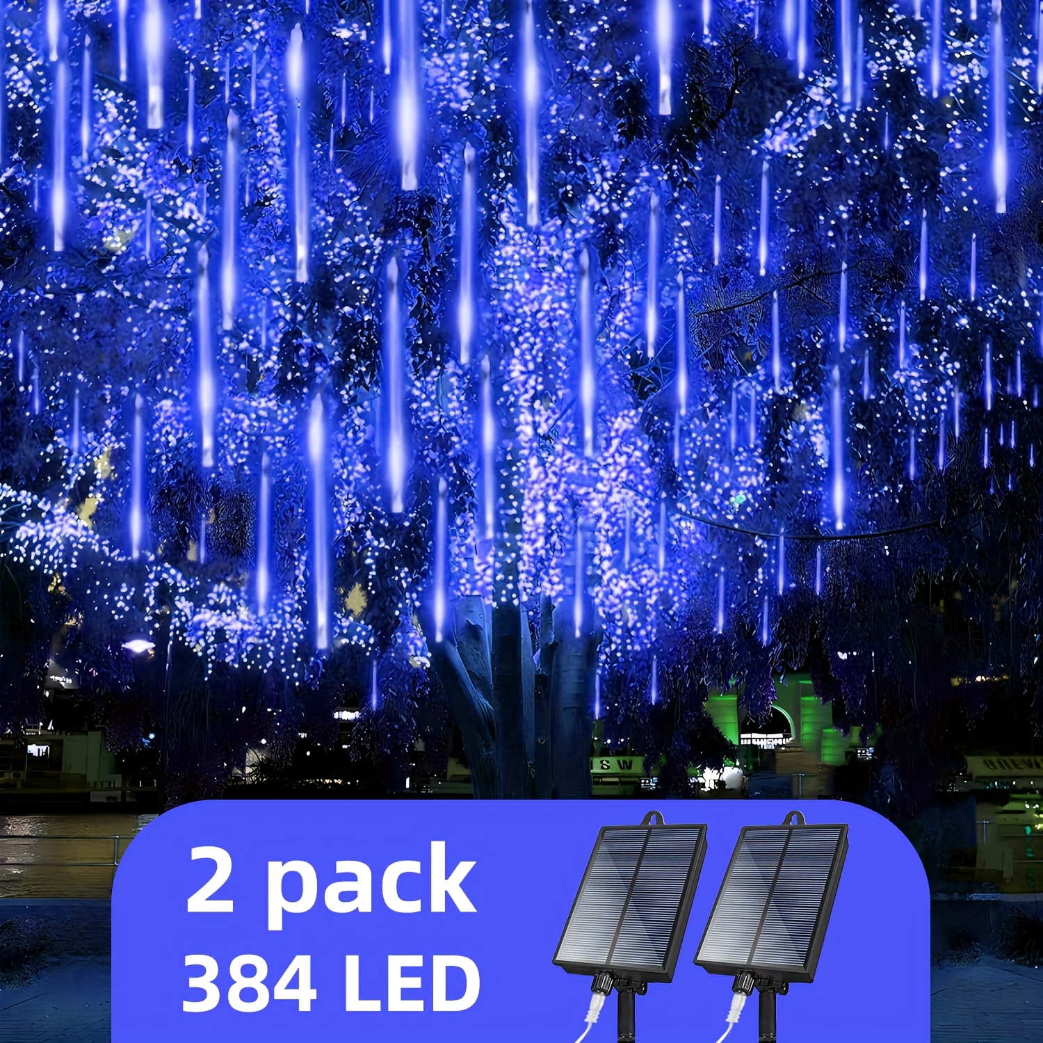 2 1pack solar meteor shower light string 384 192led 16 8tube meteor shower light   waterfall light ip65 waterproof halloween decor christmas tree wedding party garden house holiday decoration light warm color blue