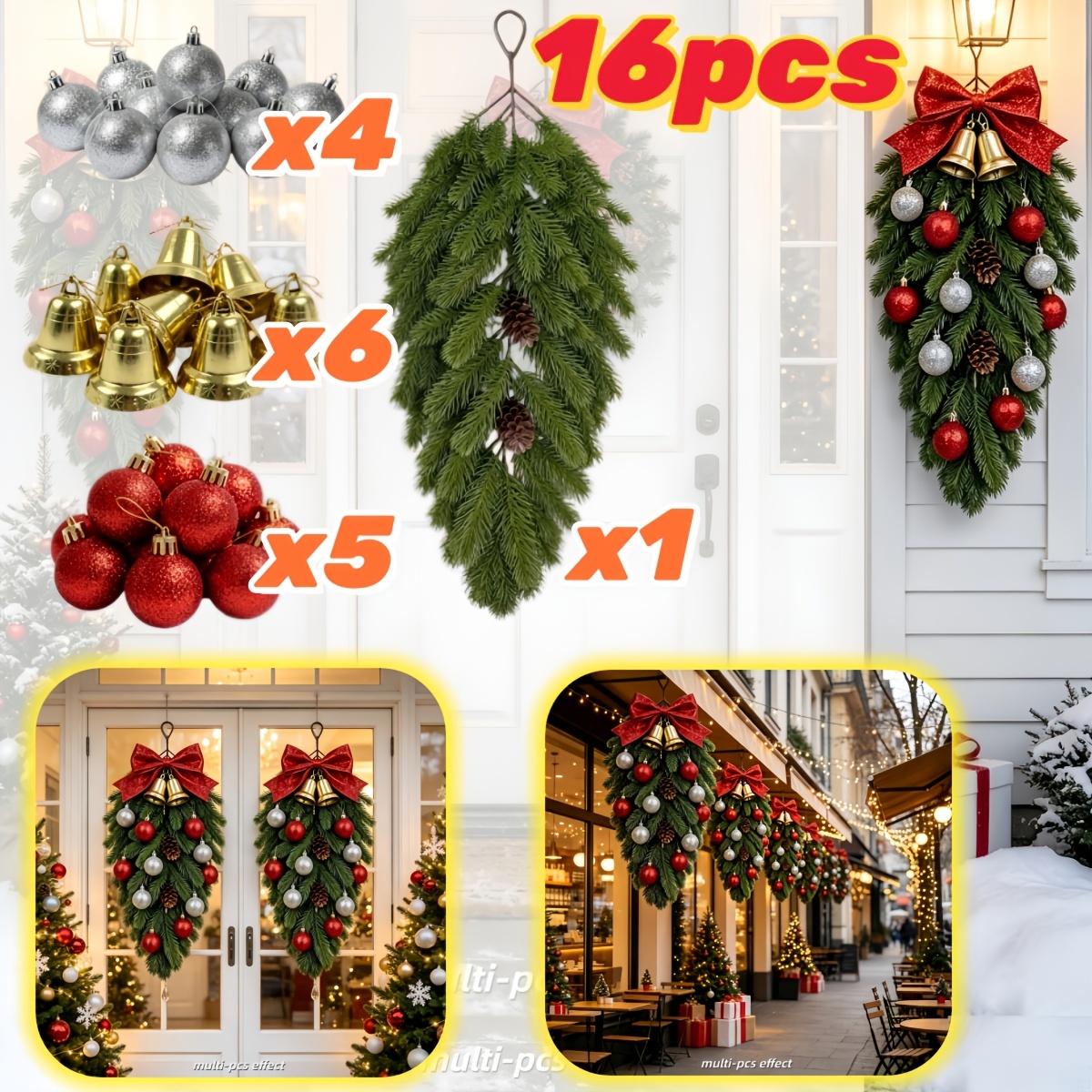 TEMU 16pcs Set Of Artificial Pine Branches With Pine Cones And Metal Bells, Glossy Red And Silvery Christmas Ball Diy Decoration Kit. Suitable For