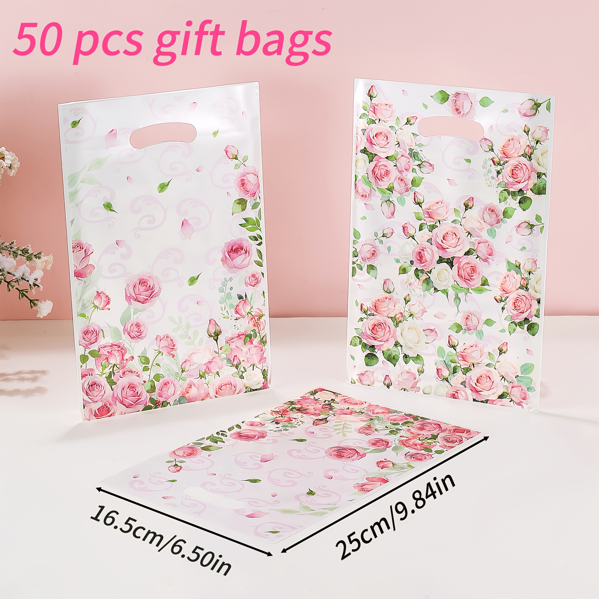 TEMU Cadeau pour Elle/Lui 10/20/50pcs Sacs Cadeaux Roses Vintage Roses, Sacs d'Emballage Cadeau sur le Thème de , Sacs en Plastique à Motif Floral,