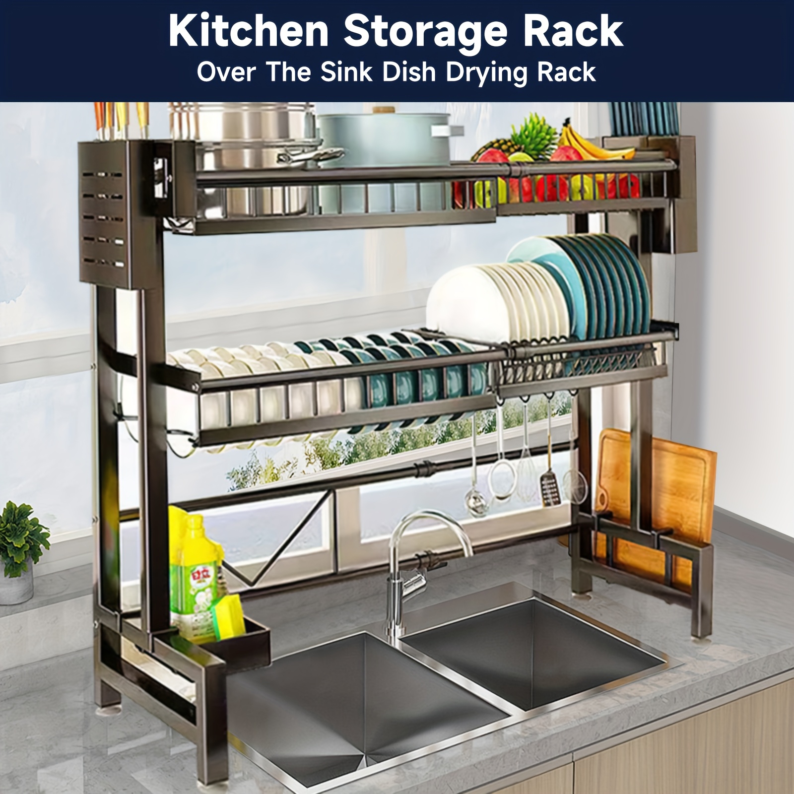   adjustable over the sink dish drying rack 2 tier space saving kitchen organizer with multifunctional baskets durable plastic carbon steel construction black over sink storage sleek black rack innovative design Product details 1