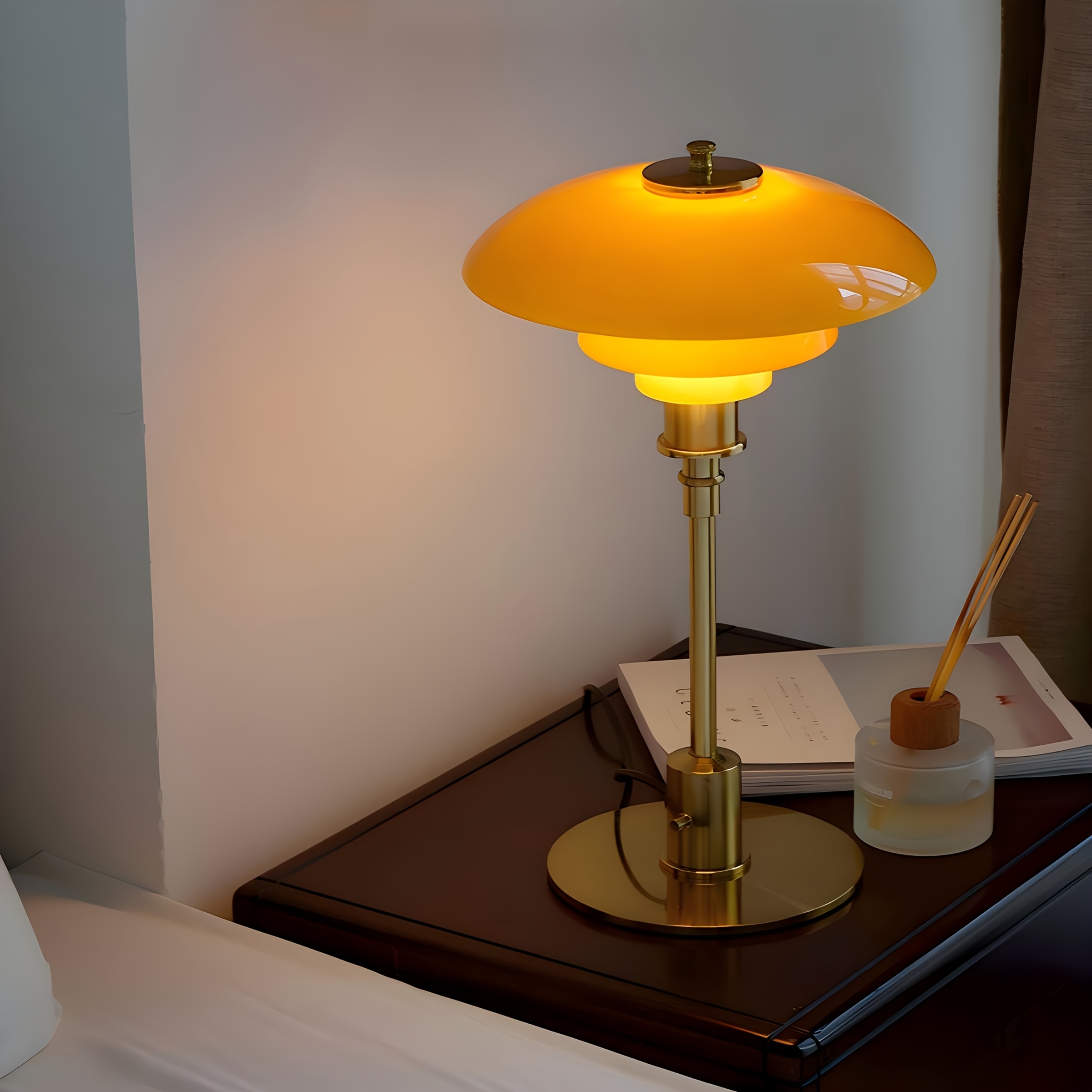   table lamp bauhaus style decorative bedside table light with glass lampshade metal lamp body     bulb for bedroom study living room orange golden