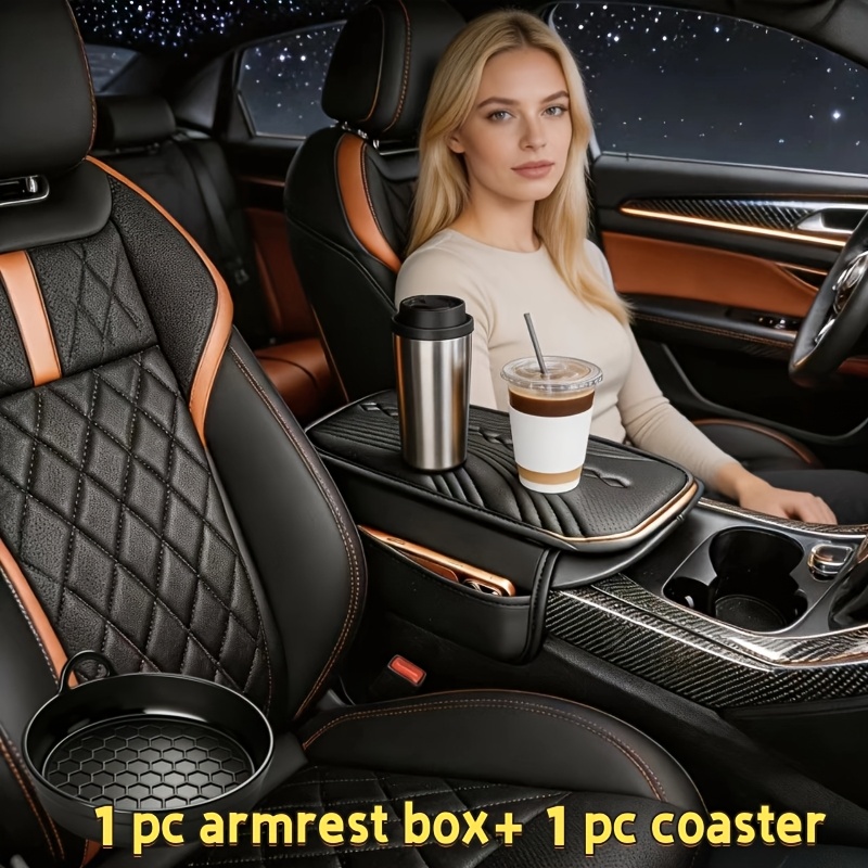 TEMU Car Armrest Box Pad (1pc Armrest Box Pad+1pc Coaster), Faux Leather Storage And Storage Pad, Multiple Colors