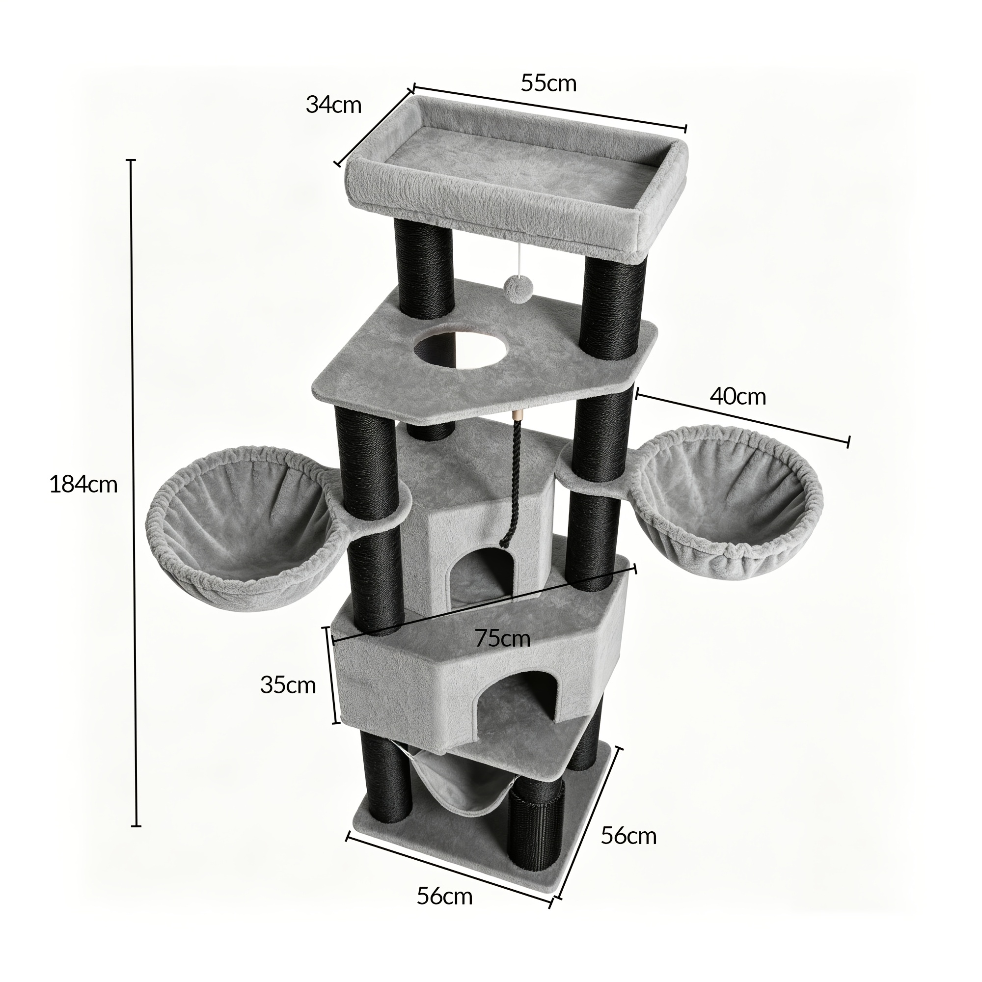 184cm Large Cat Tree, Square Reinforced Base Suitable For Corners, Stable And Sturdy, 10 Wear-resistant Thickened Full Sisal Posts, Houses + Beds, Hammock, Scratching Post, Sisal Rope
