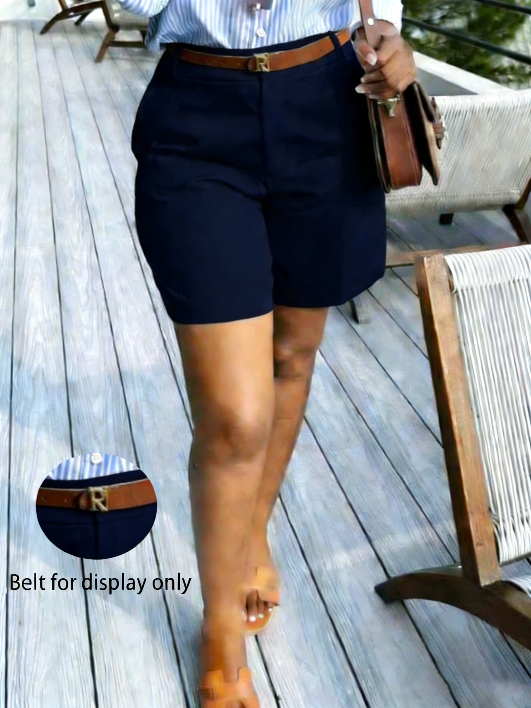 hmy womens solid color commuter casual elegant shorts belt free and tamlane