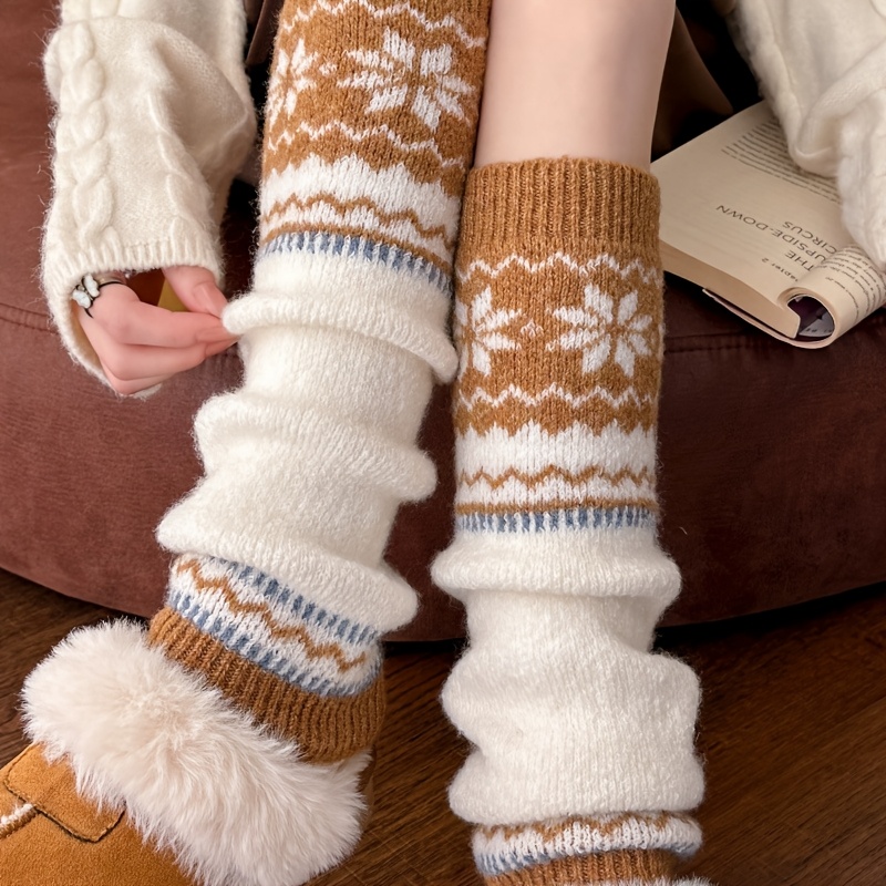 TEMU 1 Pair Of Nordic Vintage Sock Sleeves, Thick Snowflake Socks For Autumn And Winter, Warm Leg Warmers For Snow Boots