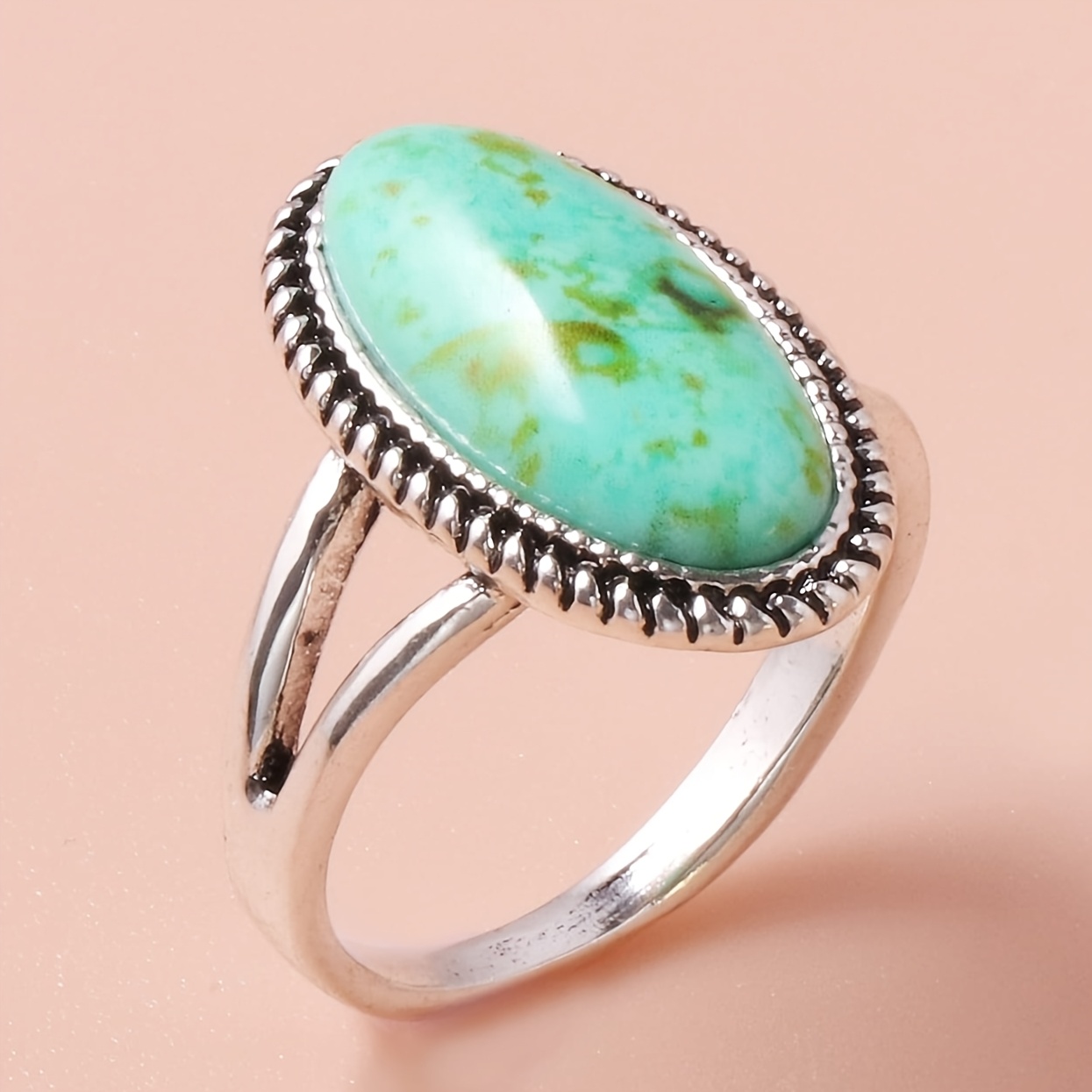 Vintage Oval Turquoise-Effect Printed Ring