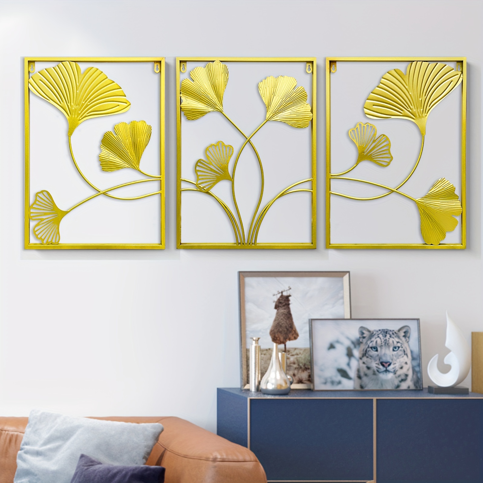 3pcs golden metal wall arts golden leaf wall hanging decor with frame interior decoration housewarming gift gold home decor accents for bedroom living room details 1