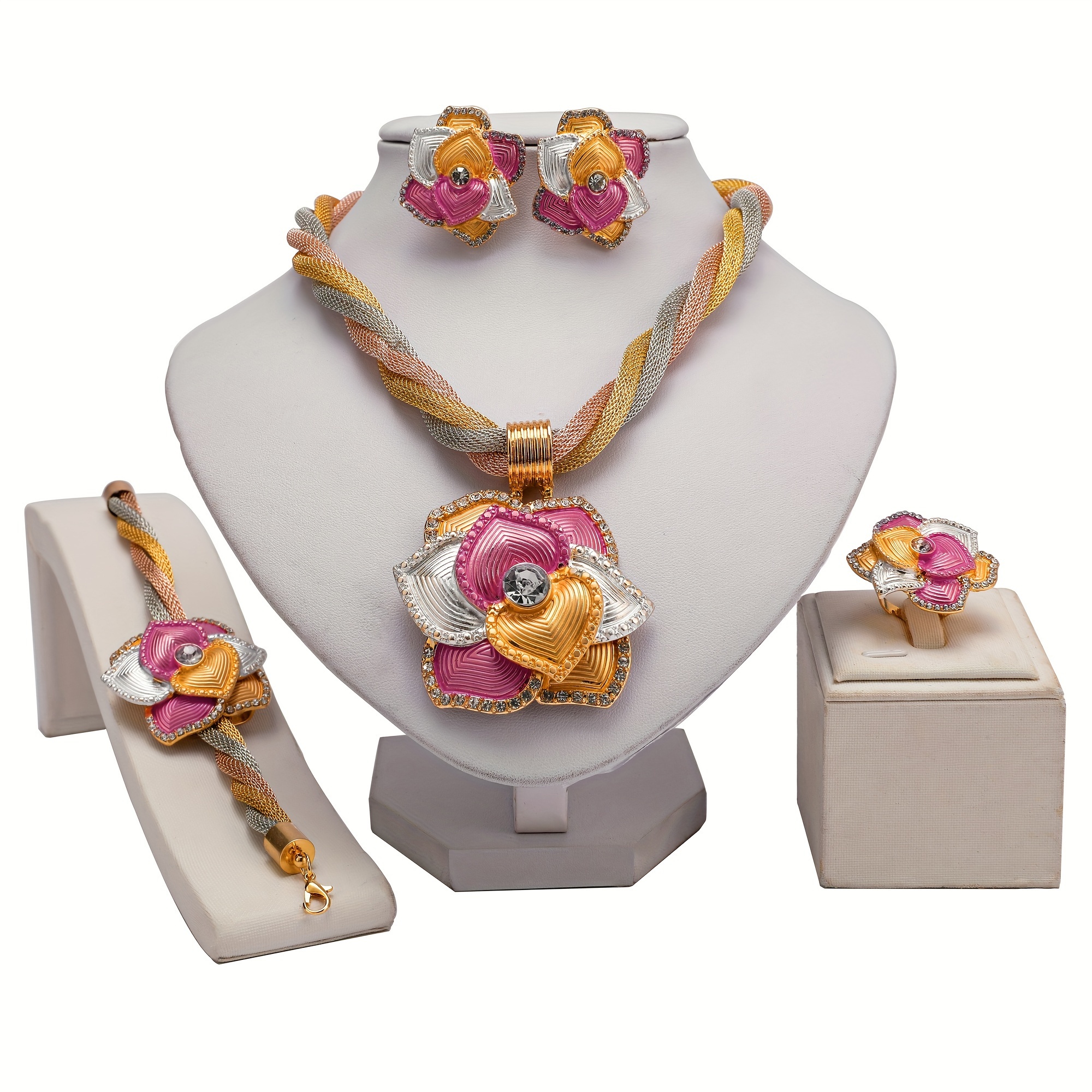 

5pcs Earrings + Necklace + Bracelet + Ring Traditional Bridal Jewelry Set Plated Exaggerated Flower Design Inlaid Gemstone Match Daily Outfits