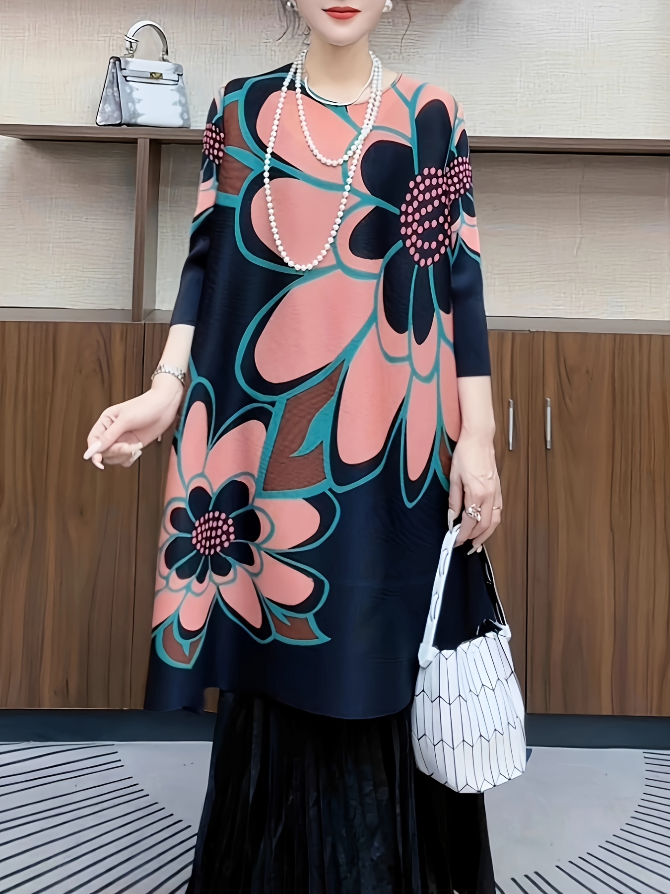 slim fit dress slacks Midi Dresses for Women – Autumn Bloom Black Floral Viscose Dress main image 0