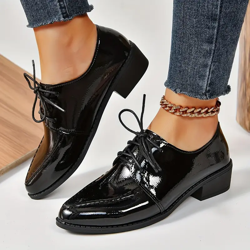 womens solid color chunky heel oxfords fashion lace up point toe dress shoes versatile and comfortable student uniform shoes details 5