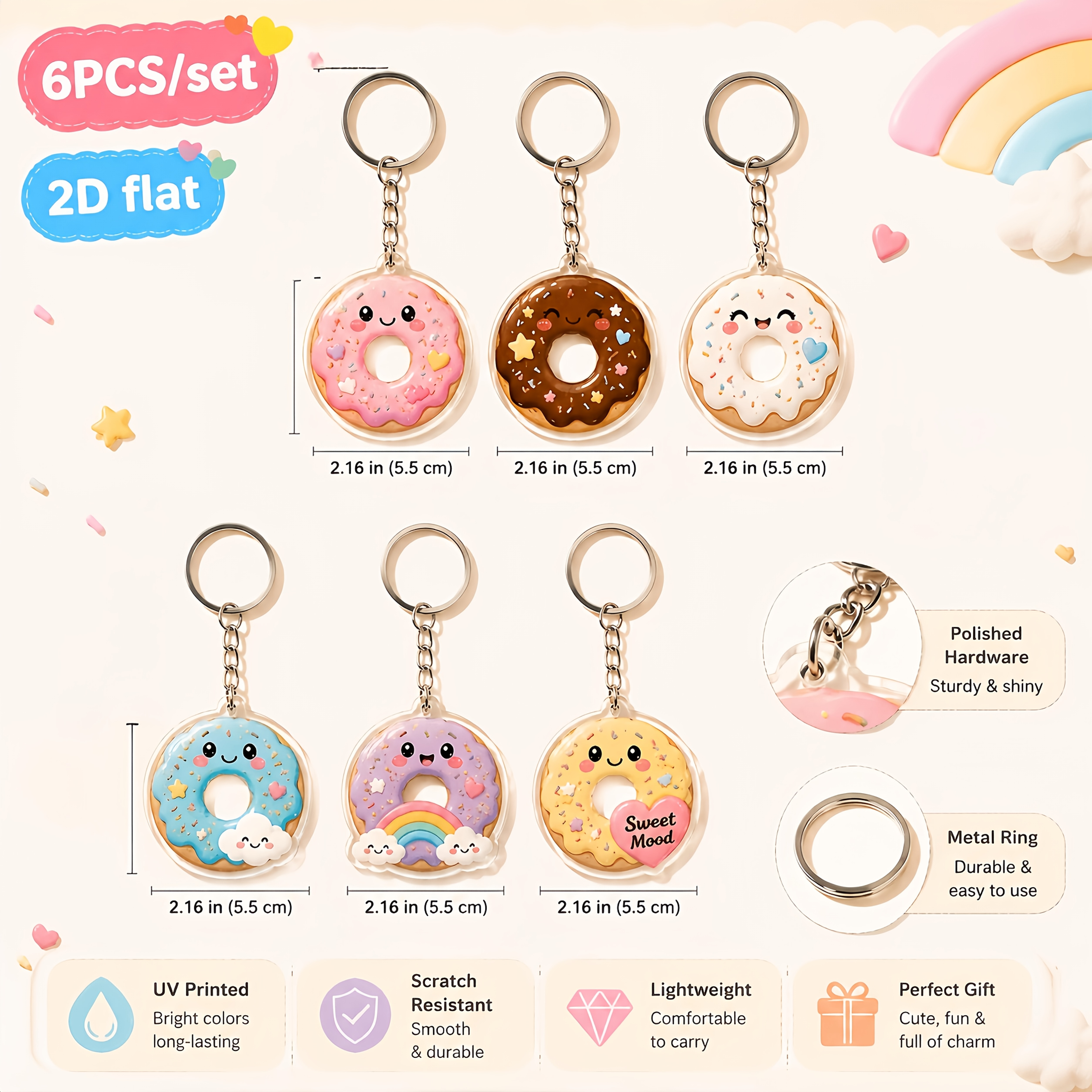 TEMU 2d Flat - 6pcs Sweet Donut Acrylic Keychains, Kawaii Colorful Cartoon Bag Charms And Key Rings, Backpack Accessory Gift Suitable For Handbags,