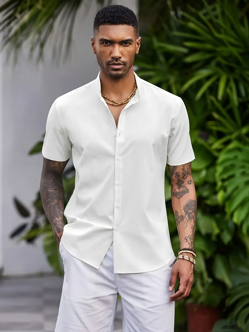*'s Casual Button Short Sleeve Shirt Band Collar Shirts Textured Beach Summer Shirt
