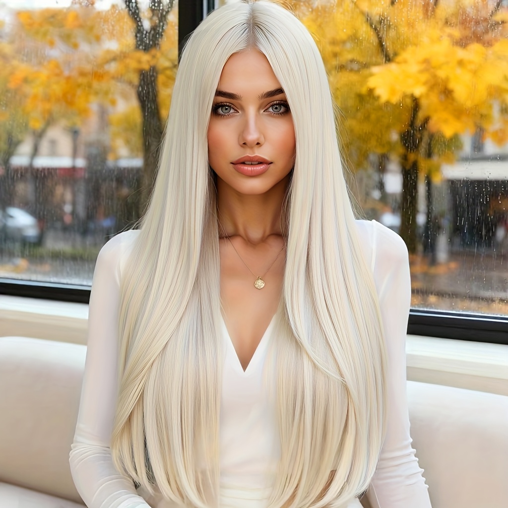 Image of -inch Platinum Blonde Straight Wig With A Middle Part, Designed For Women A Stylish And Elegant . Made From Heat-resistant Synthetic Fibers, This Beginner-friendly Wig Is Use