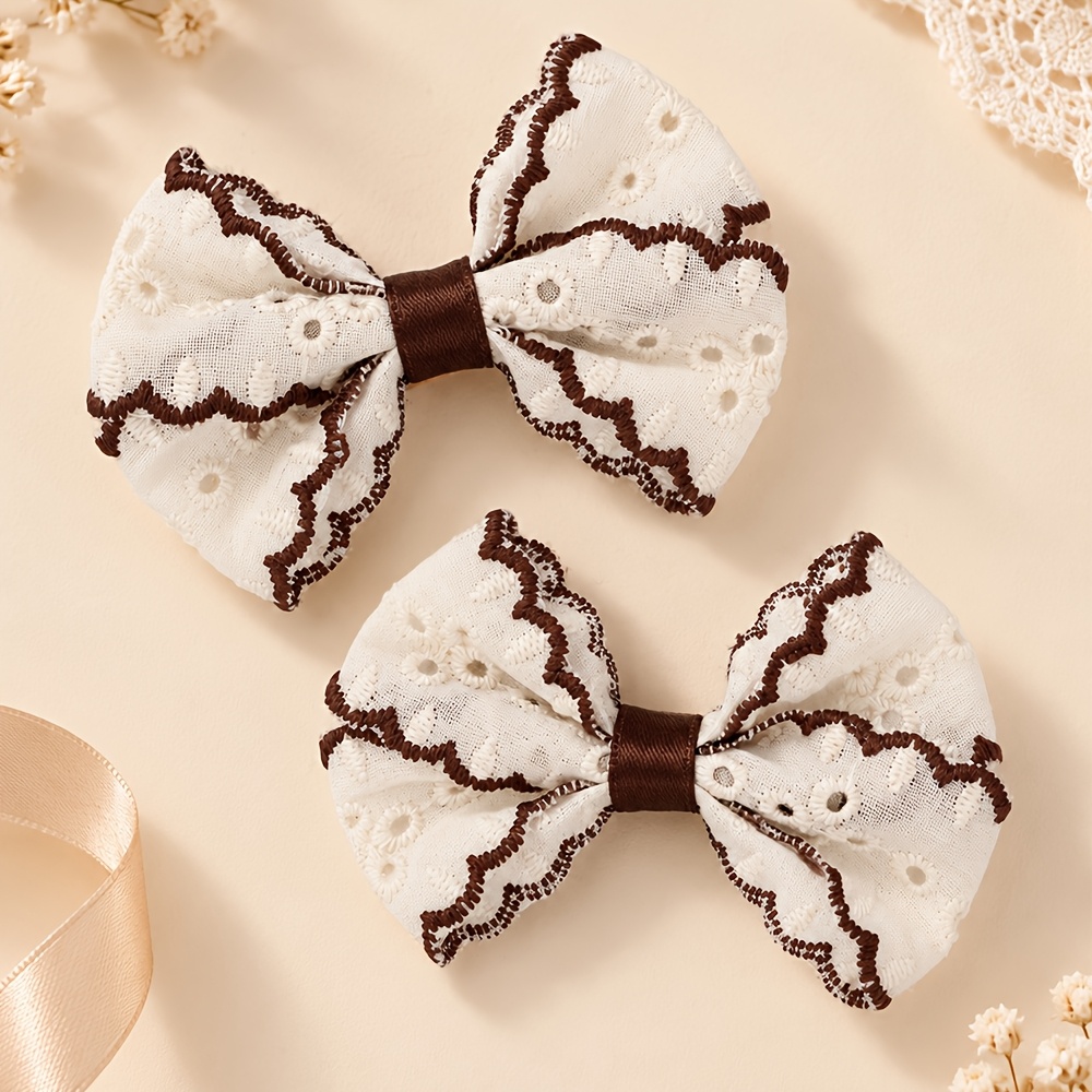 TEMU 2pcs Hair Additions Eyelet Bow Hair Clips, White Hollow Embroidery Bow With Brown Wavy Edge Alligator Barrettes For Women, Boho Back To School
