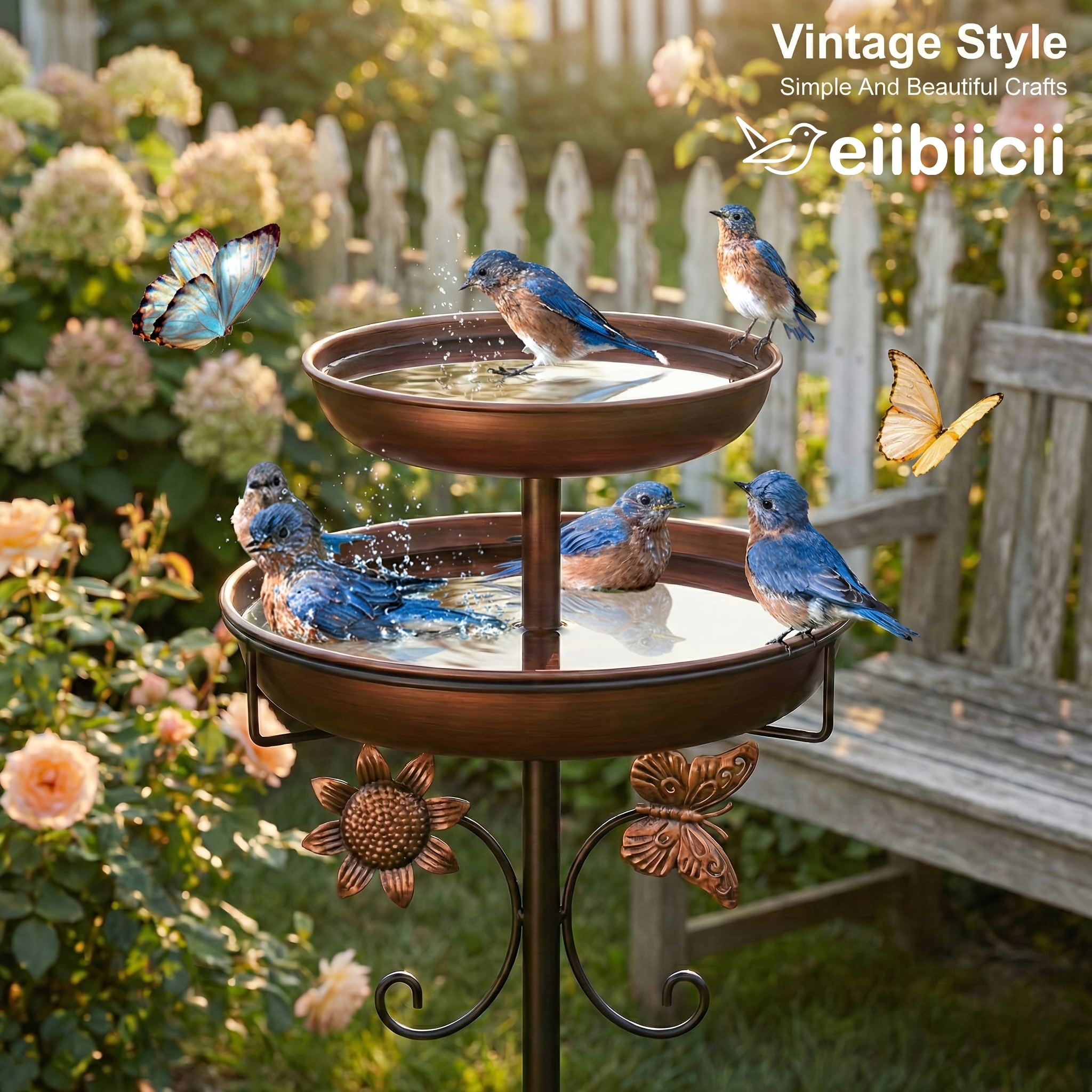 TEMU Upgraded Outdoor Bird Bath With Fountain Pump Included, Vintage Dual Metal Bowls, Bronze 5-prong Base, 45-inch Tall Garden Decor For Backyard,