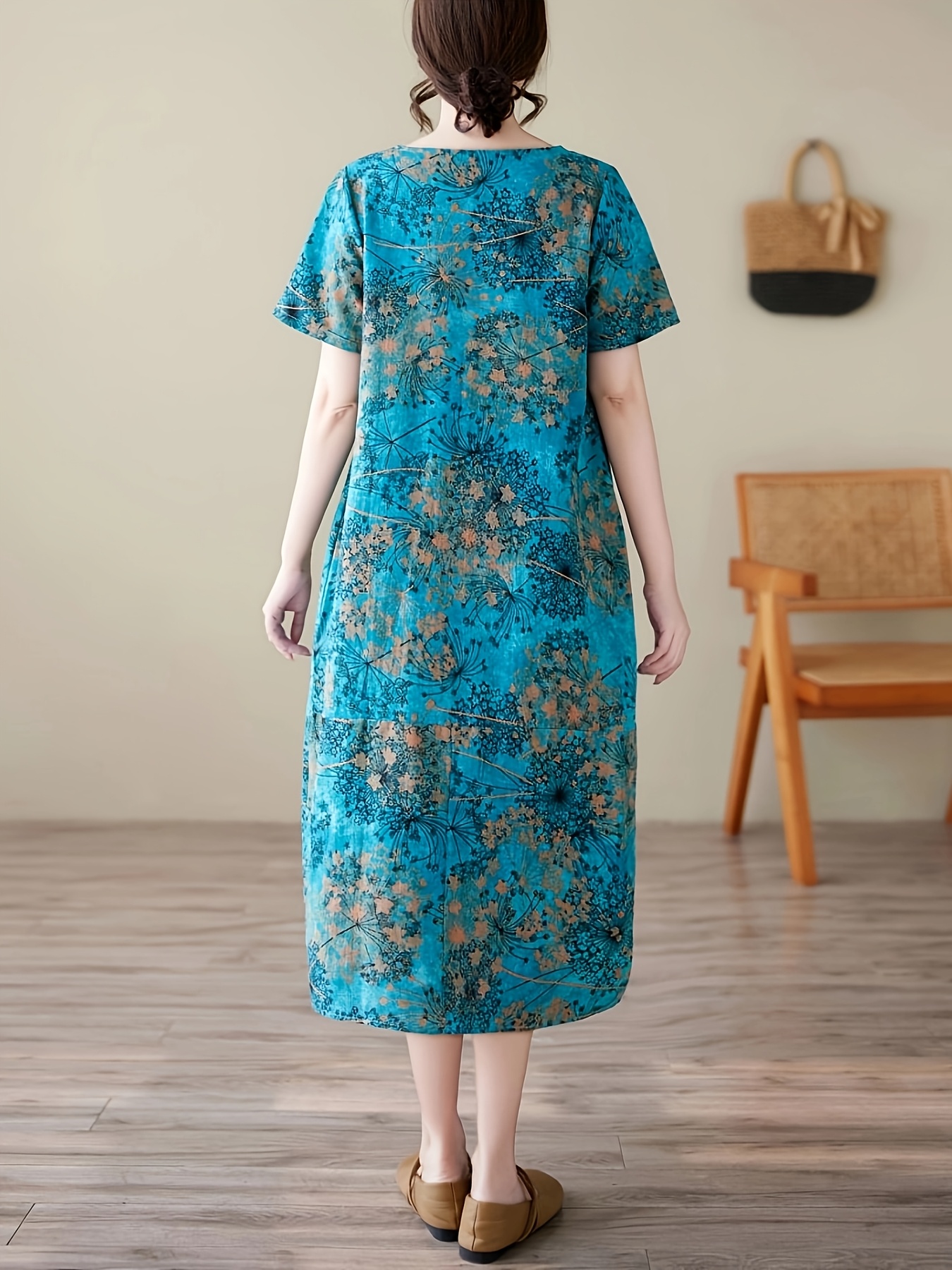 chic vintage linen print loose short sleeve dress - Temu Germany