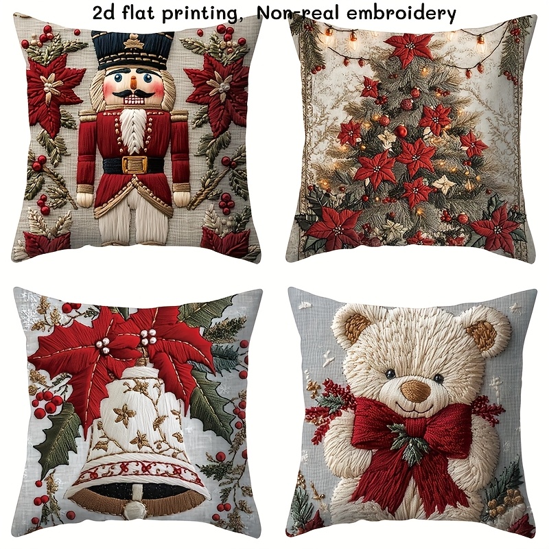 TEMU 4pcs. 2d Flat Printing. Christmas New Style. Non-real Embroidery. Imitation Embroidery Style Christmas Pattern Cushion Cover: Features