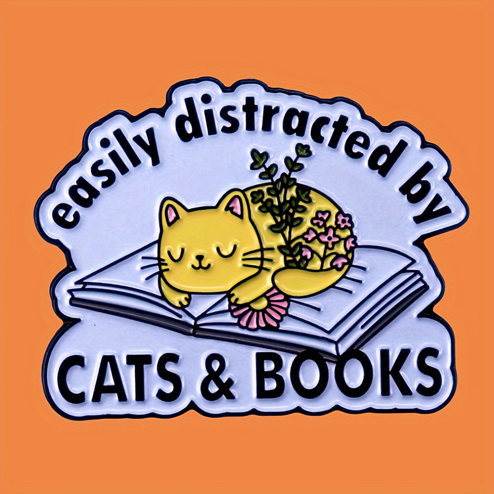 

1pc ' By & Books' Cat Shaped Enamel Pin, Metal Brooch, For Clothes, ,