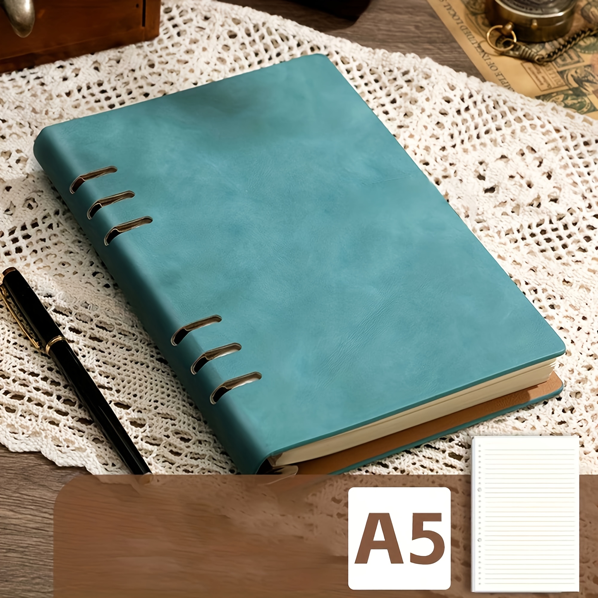 TEMU A5 Ringbuch mit Lochmuster austauschbaren Linierten-Einsätzen, verdicktes Papier für flüssiges Schreiben, Notizbuch aus PU-Leder, abnehmbare