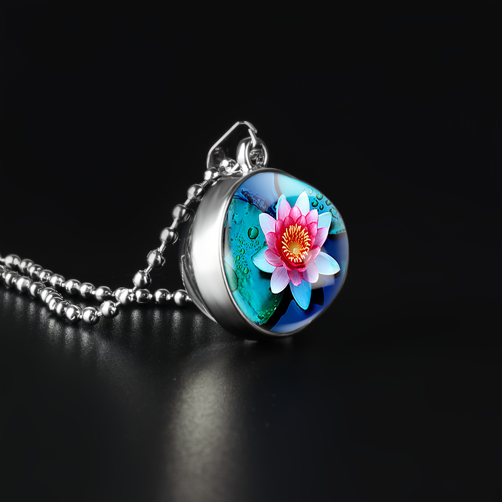 Lotus Flower Double-Sided Spherical Pendant Necklace