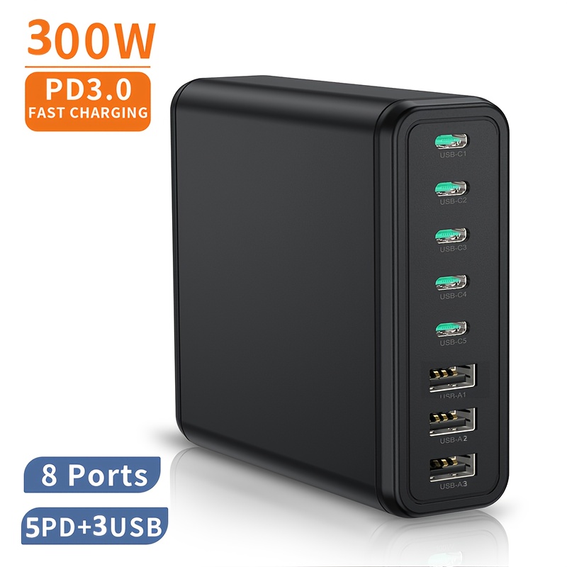 TEMU 300w Usb-c Fast Charger With 8 Ports, Featuring (pd) Rapid Charging For Laptops, Suitable For Devices Such As Smartphones, Computers, Gaming