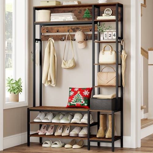 coat stand with shoe bench 1 fabric basket clothes rack with 15 hooks 8 open shelves for and living room 40 x 120 x 190 5cm brown and black
