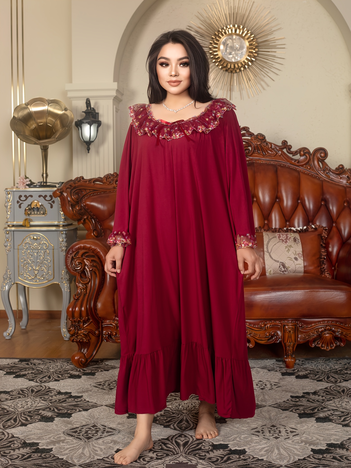 Plus Size Women's * Nightgown - Sleeve Lace Trim & Round Neck Sleep Dress,  Machine Washable Non-See-Through * * for * & Relaxation, Ladies Sleepwear  *able Loungewear * Style Gown, Nontransparent ...