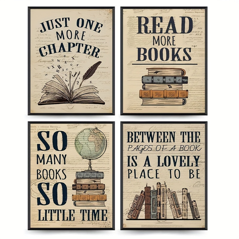 

Vintage Library Reading Posters Set Of 4, Book Club Decor, Library Wall Art, Book Lover Gift, Classroom Educational Chart, Frameless, 8"x10