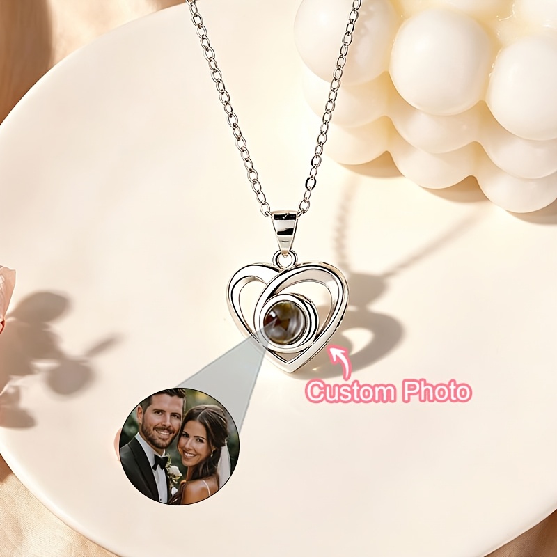 TEMU Customized Photo Heart-shaped Projection Necklace, Stylish, Simple, And Personalized Stainless Steel Women's Jewelry, Unisex Couple Necklace