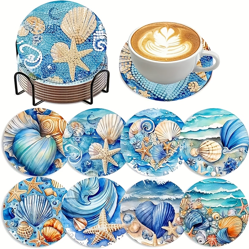 TEMU Ensemble de Sous-verres en Peinture Diamant - 8 pièces Thème Océanique Kit DIY Peinture Diamant, Ronds Complet, Ensemble Artisanal DIY avec