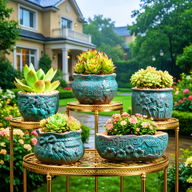 5er-Set Retro Handgeschnitzte Keramik Blumentöpfe mit Blumenmuster, Geprägt, mit Drainagelöchern, Universelle Pflanzgefäße für Sukkulenten, Grünbäume und Orchideen, Innen- und Außenbereich