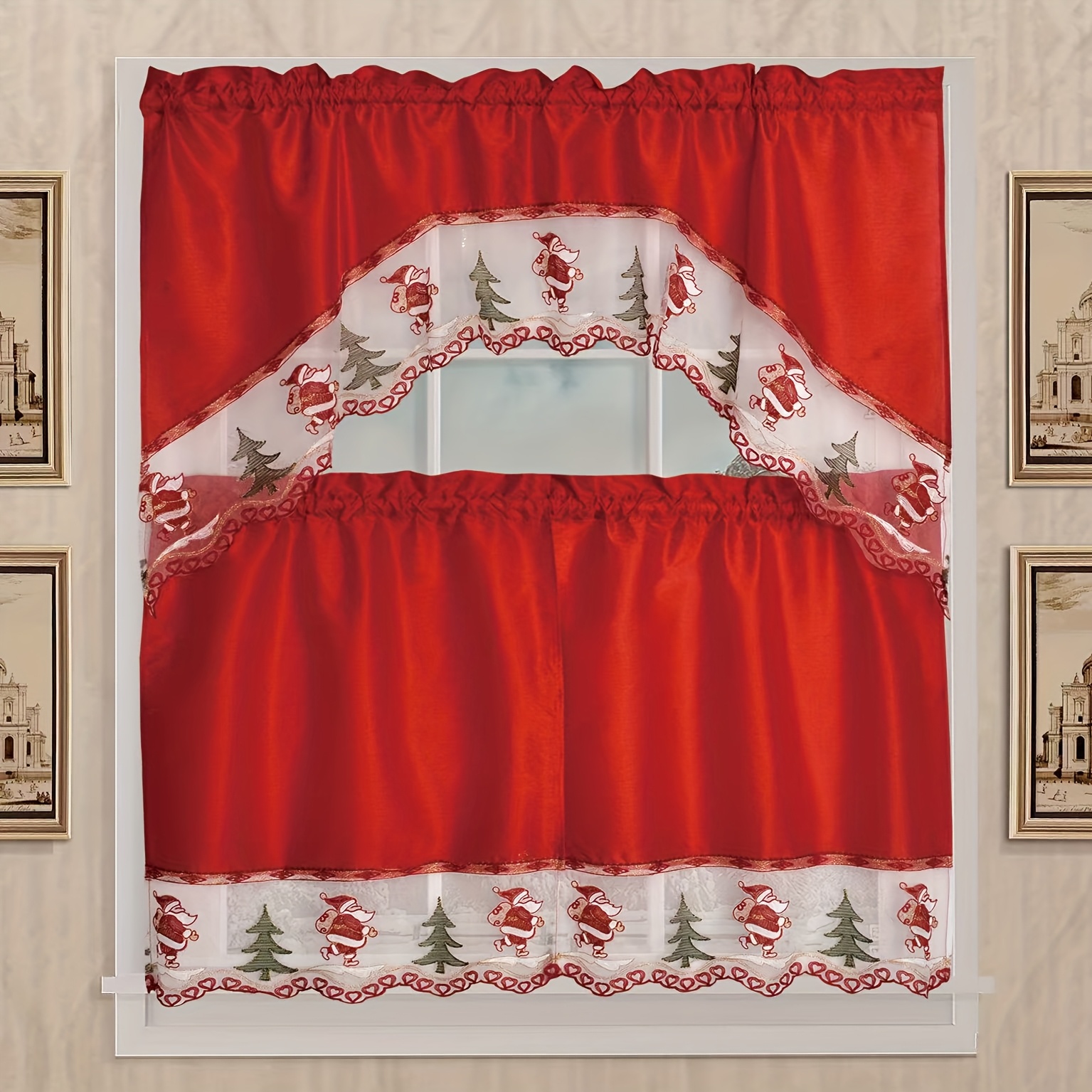 1SET 3pcs/set Hot Christmas Kitchen Curtains Polyester Material Embroidery Craft Winter Santa Claus Christmas Tree Christmas House Christmas Flower Embroidery  , Suitable for Kitchen Restaurant Window Shade Decoration Home Decoration Window Supplies, Bathroom, Living Room, Bedroom, Kitchen, Yard, Villa, Wedding, Party, etc