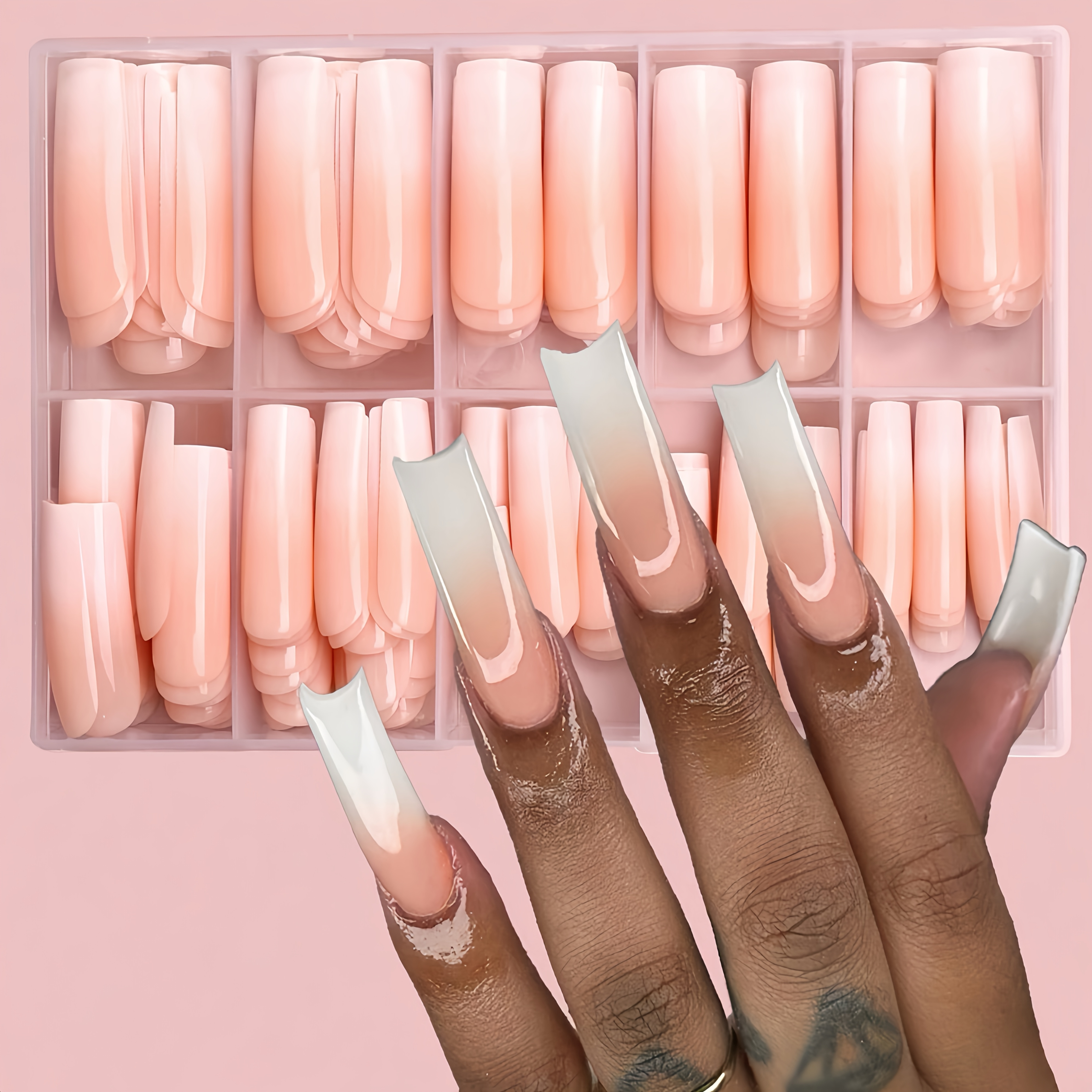 

120pcs XL Set de Press-On Nails en Acrylique Carré, Système de Couleur , Longueur Super Longue, , Embouts d'Ongles à Couverture Totale en Gradient Blanc/Français, Cadeau