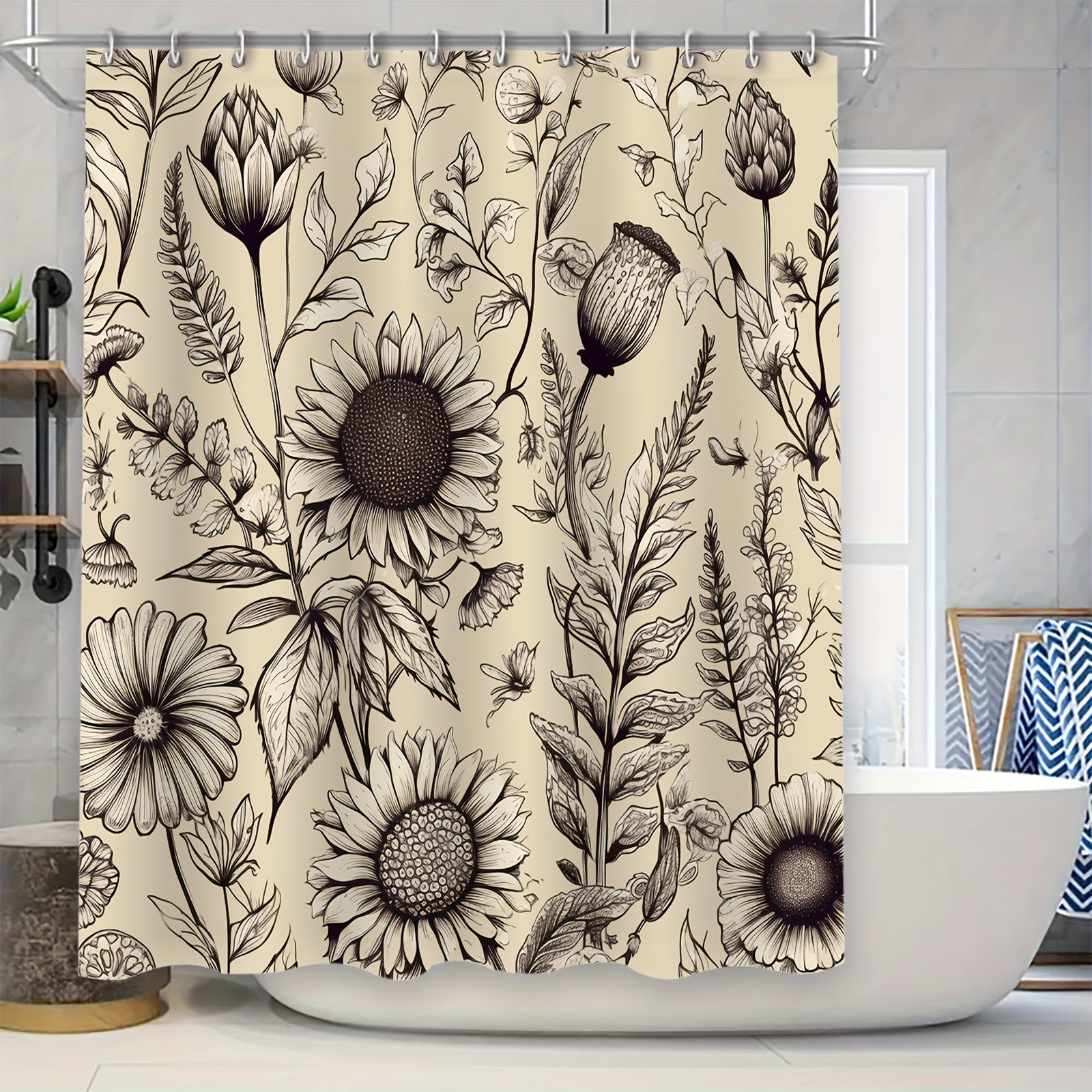 

1pc Retro Line Flower Pattern Shower Curtain, Waterproof Shower Curtain With Hooks, Bathroom Partition, Bathroom Accessories, Home Decor