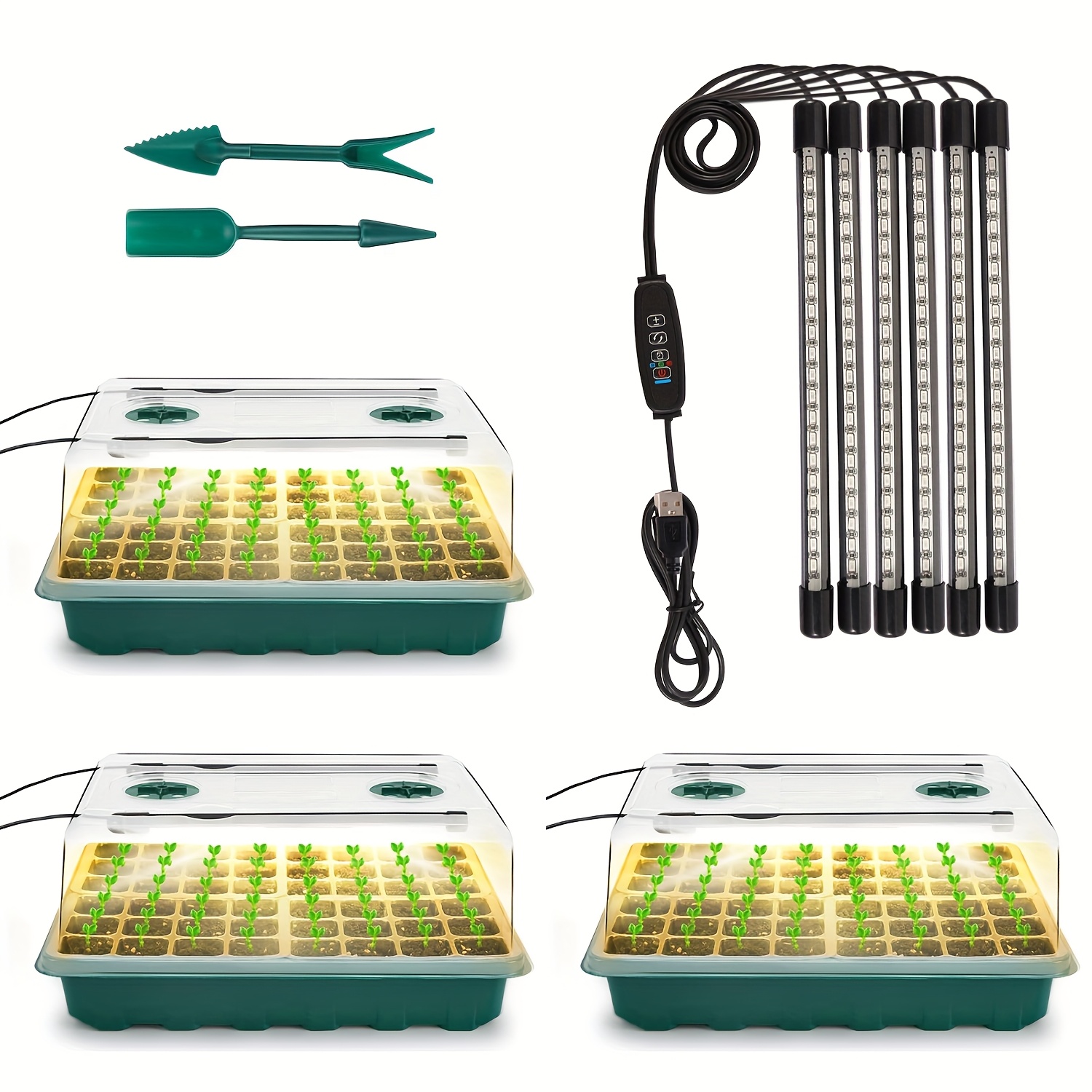 TEMU 3 Sets Of Large-sized High Cover Seedling Trays, 144 Grid Seed Germination Tray Kit, 6 Led Growth Lights, Adjustable Humidity Hood, Suitable For