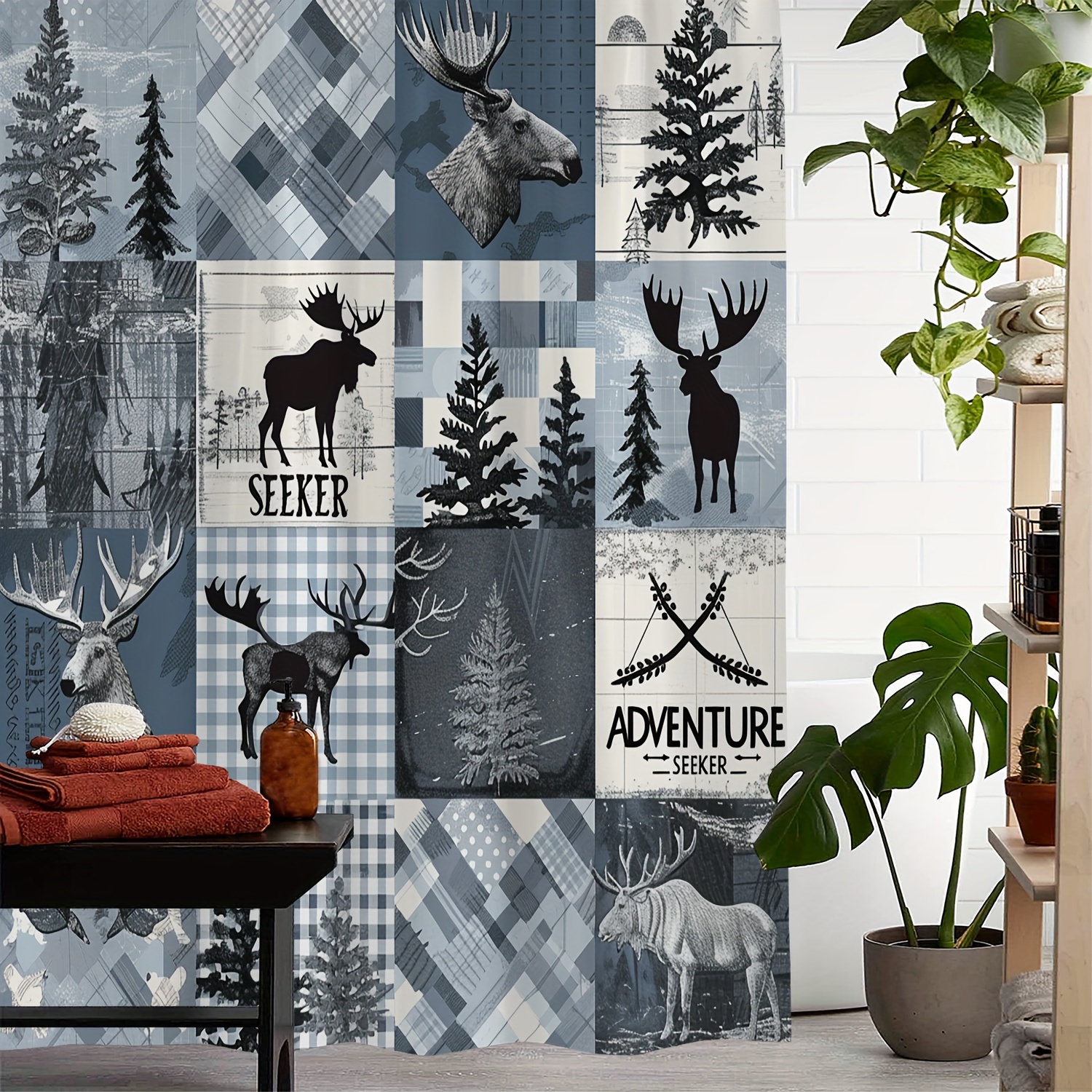 

Water-resistant Polyester Shower Curtain With Moose And Tree Print, Woven Arts Pattern, Includes 12 Hooks - Machine Washable Animal Themed Curtain For Bathroom And Windows