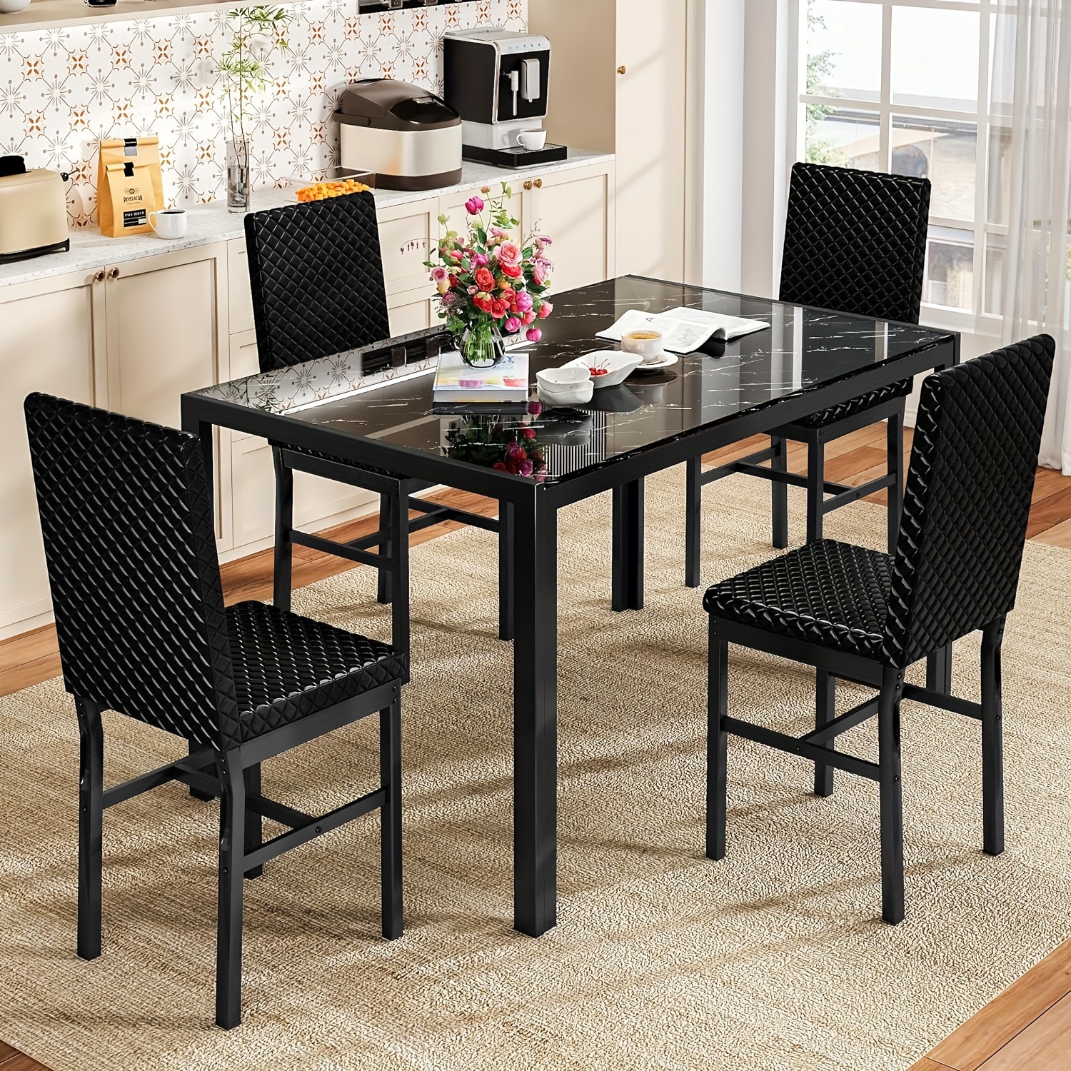 Modern Luxurious Style 5 Dining Room Table Set 5pcs Dining Table Bar Table Set With Tempered Glass Tabletop Metal Frame And Leather Upholstered Dining Chairs 4 Person Dining Table Set