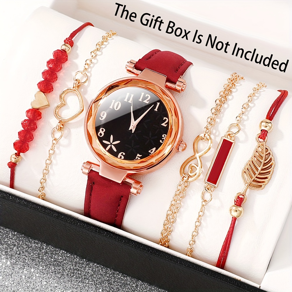 

6pcs Fashion Red Quartz Watch Pu Leather Wrist With Exquisite Bracelet Set Mother's Day Gift For Friends Gifts For Eid