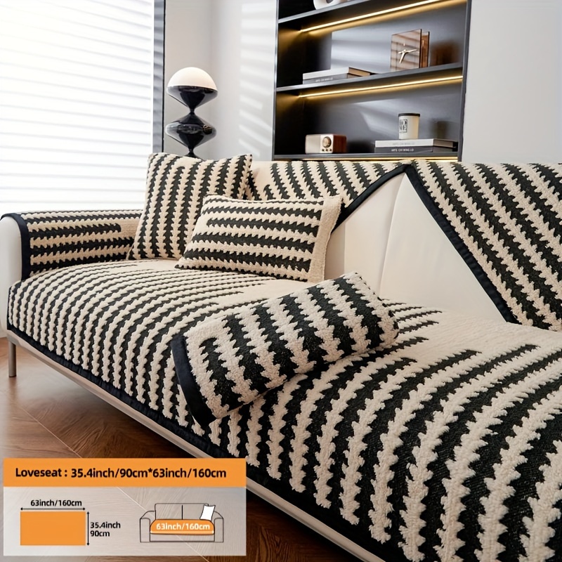 TEMU 1pc Nordic Minimalist Modern Plush Sofa Cover, Striped Printed Pattern Sofa Mat, Pet Friendly Thick Plush Sofa Protective Cover, Anti Slip Sofa