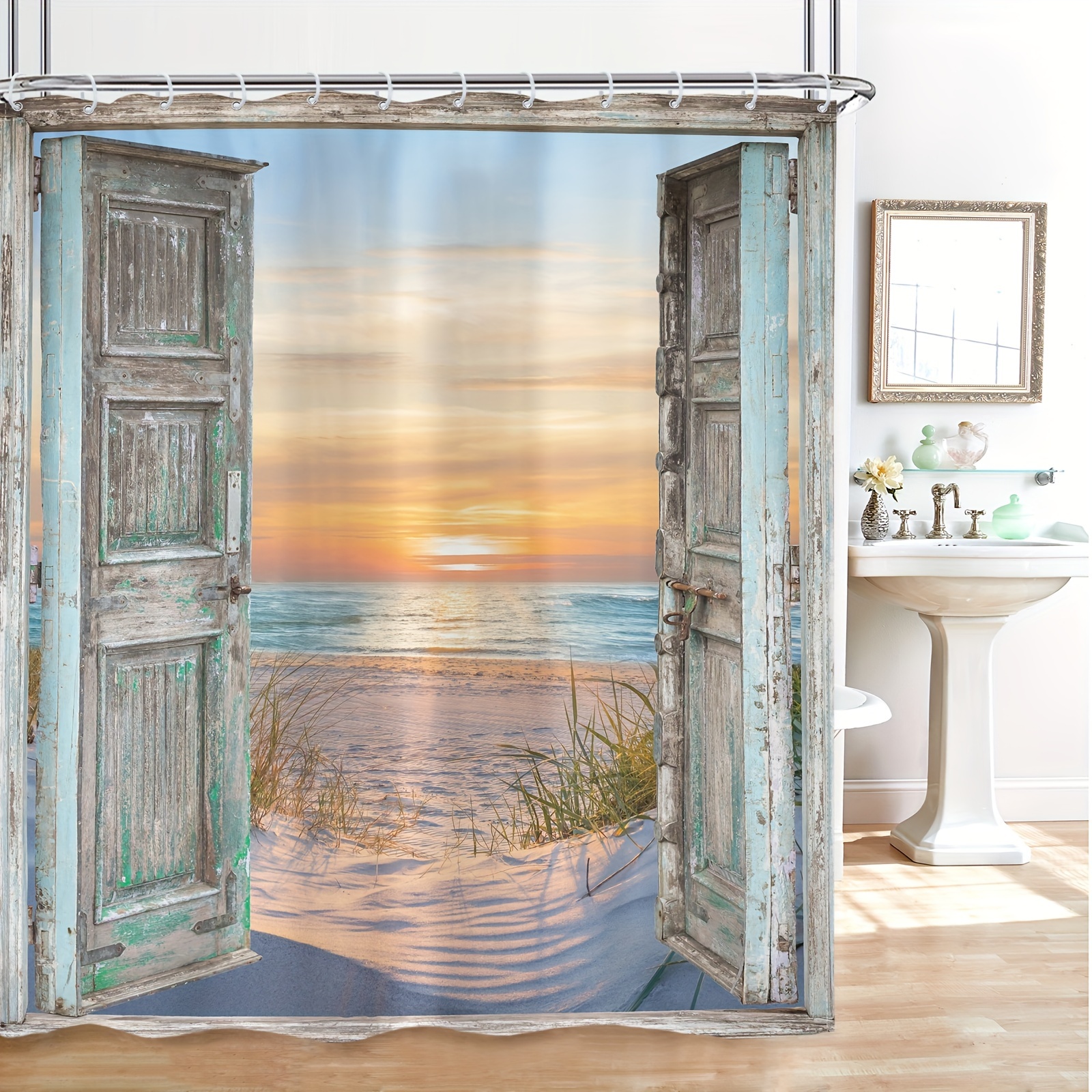 

1pc Beach Sunset Pattern, Waterproof Bathroom Partition Curtain With Hooks, Bathroom Accessories, Home Decor