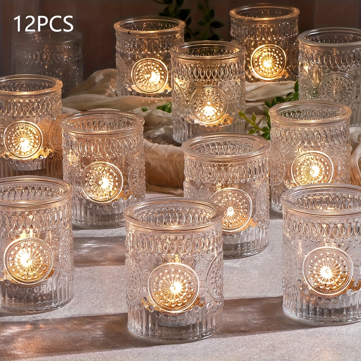 E-shop Vielseitige Klare Glas-Wunschgläser Kerzenhalter Set mit 6 oder 12 Stück, Vintage Teelichthalter mit Sonnenblumen-Gravur, Ideal für Hochzeit,