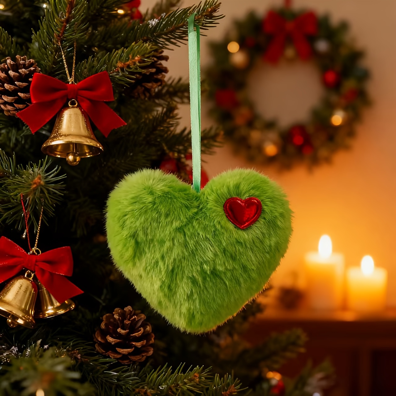 TEMU 2pcs Green Fluffy Heart Christmas Balls Ornaments With Red Hearts, Suitable For Christmas Tree Hangings, Handmade, Holiday Parties, Green Furry