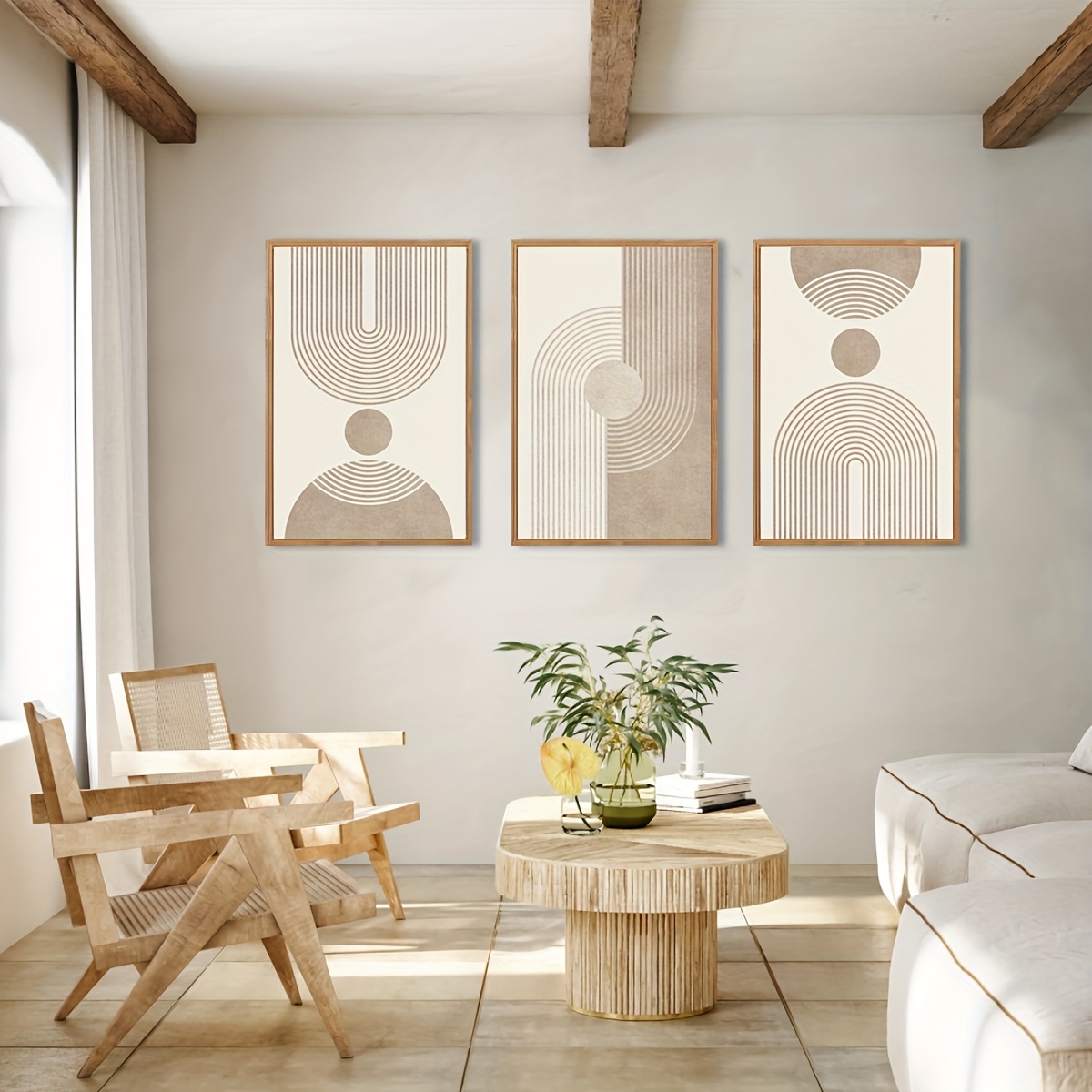 Boho Geometric Abstract Canvas Set - 3-Piece Framed Decor