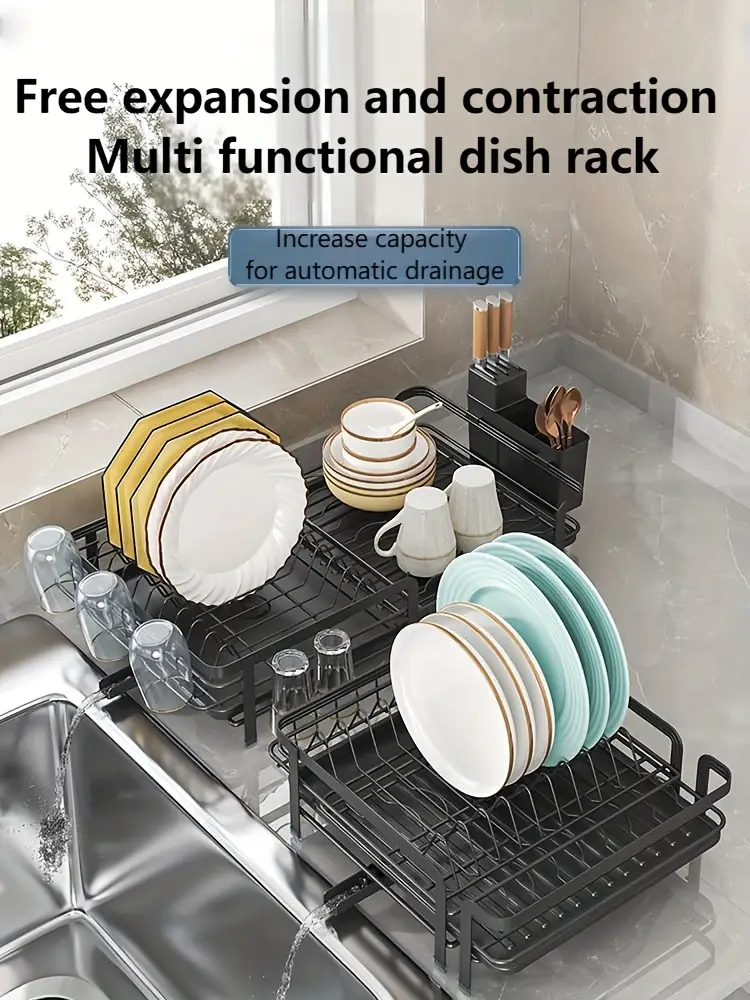 1pc expandable dishwasher rack large utensil drying rack with drainage plate set multifunctional utensil rack for kitchen counter extendable utensil drain for kitchen counter valentines day gifts black white 12 59 w x 13 77 d Product details 1