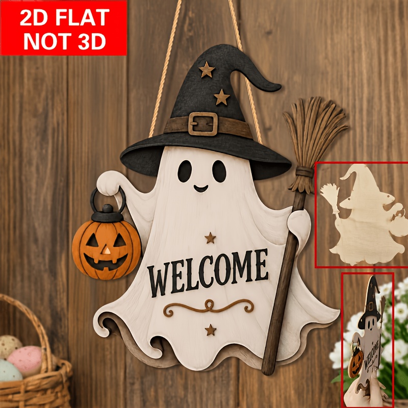 TEMU Plat 2D, Accroche-porte de en bois plat 2D, Panneau d'Halloween, Décoration de chapeau de sorcière, Plaque de porte d'Halloween en bois, Plat 2D