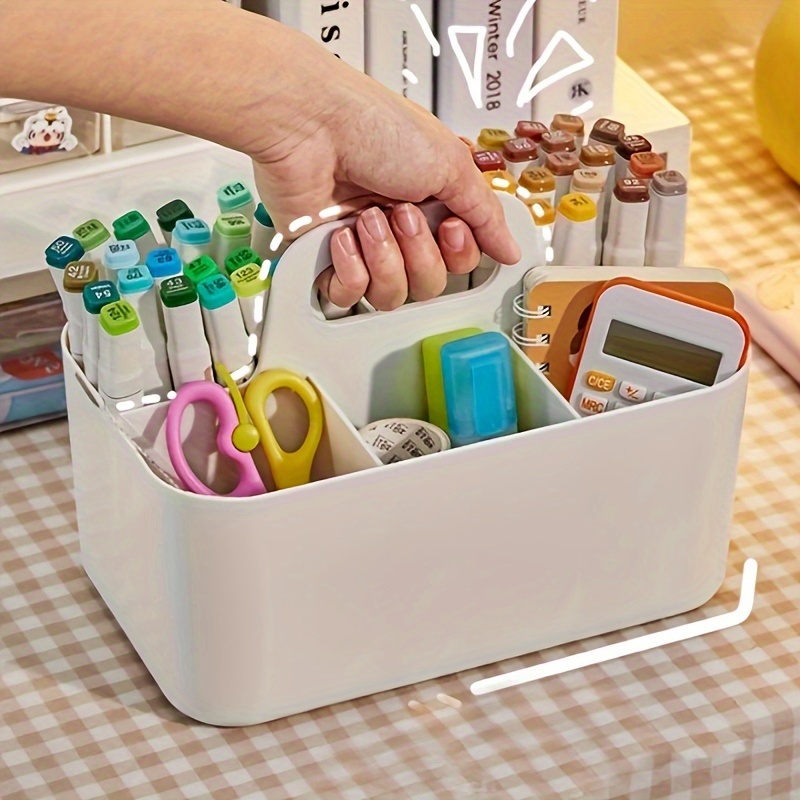 

1 Plastic Storage Basket With Handle, Portable Pencil And Stationery Storage Box With 5 Compartments, Suitable For Living Room, Bedroom, Living Room, Classroom, Art And Craft Supplies