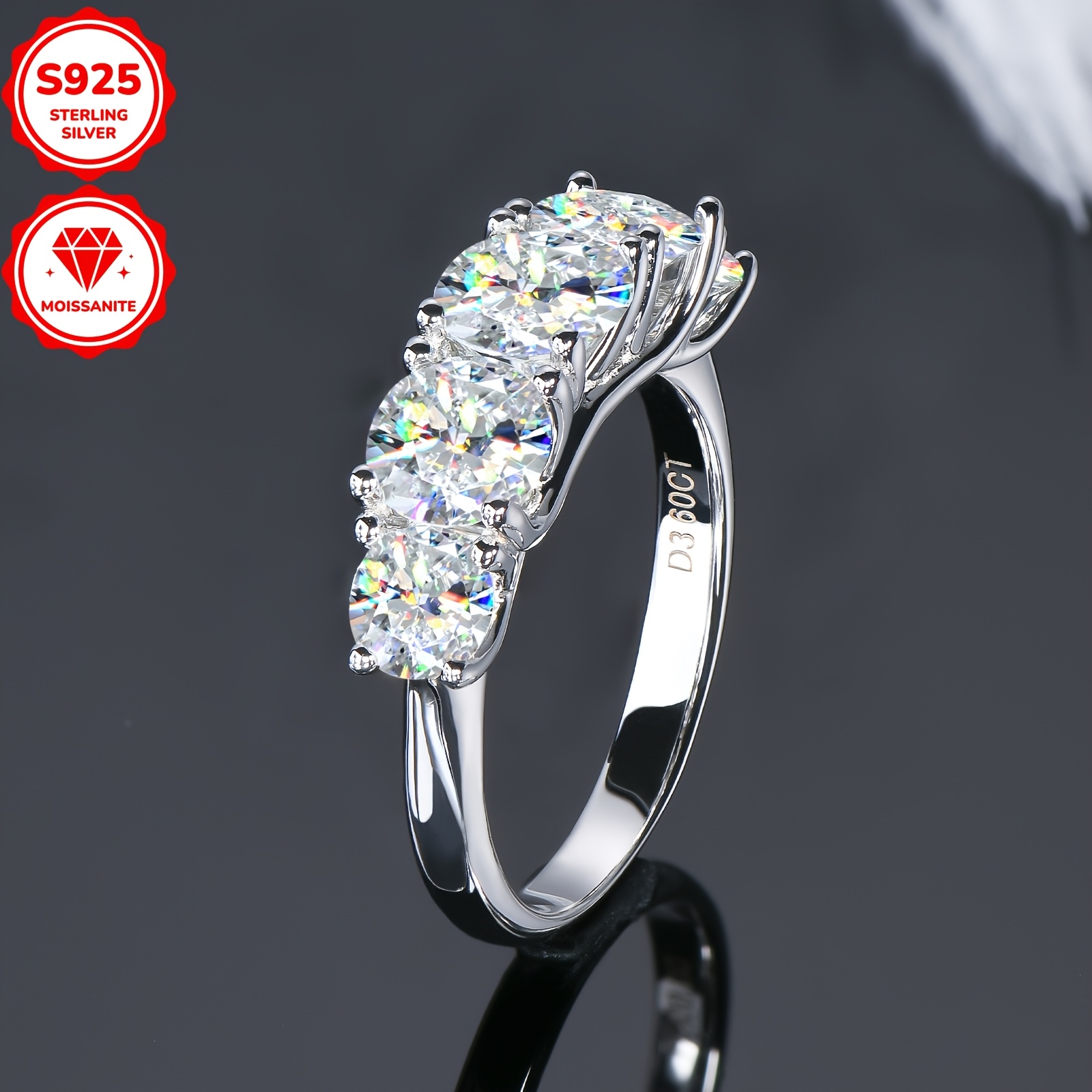 Moissanite 5 Stone 925 Silver Ring, 6.5mm Round Moissanite