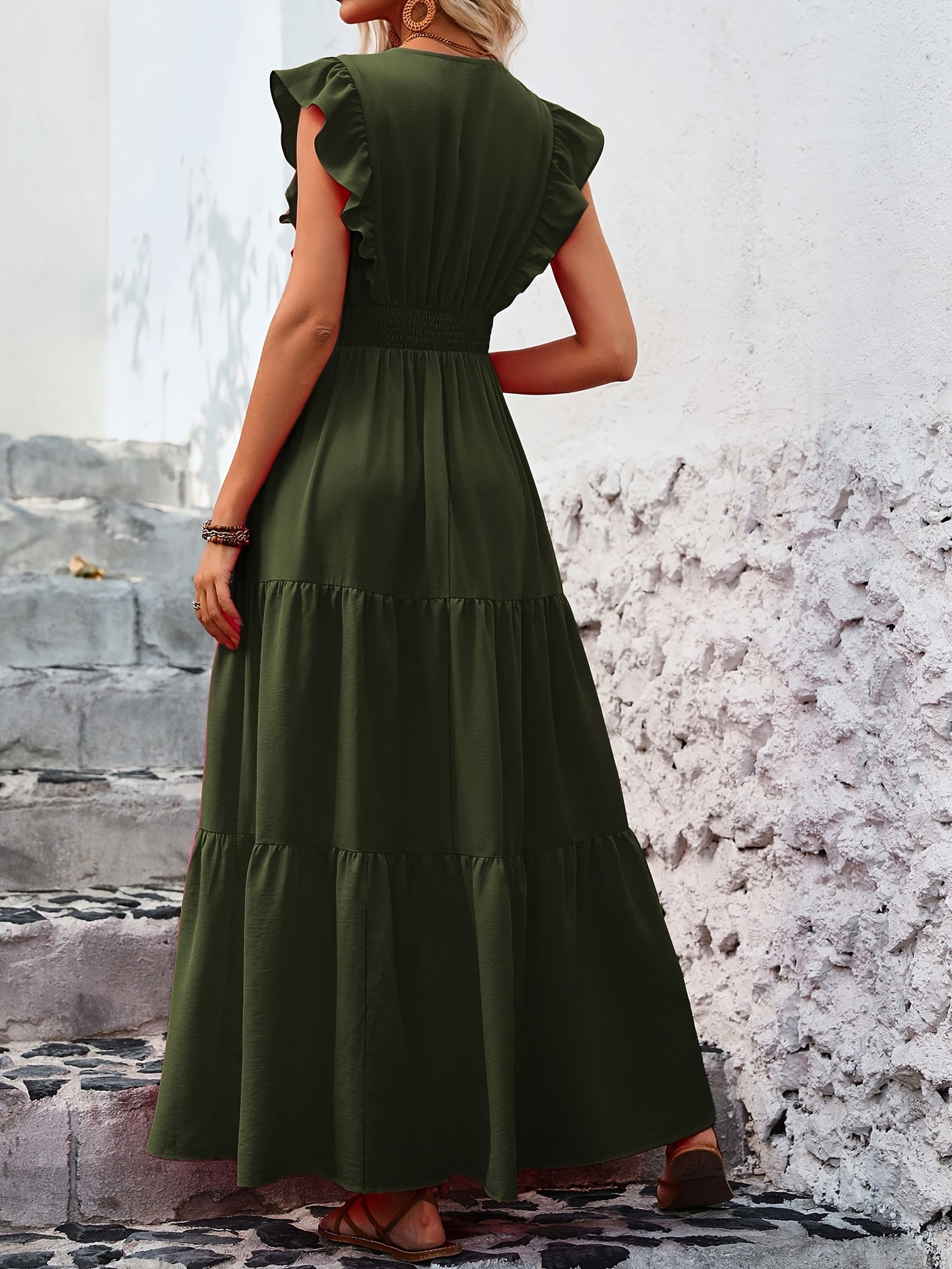 calvin klein bell sleeve dress green Retro Bohemian Floral Maxi Dress