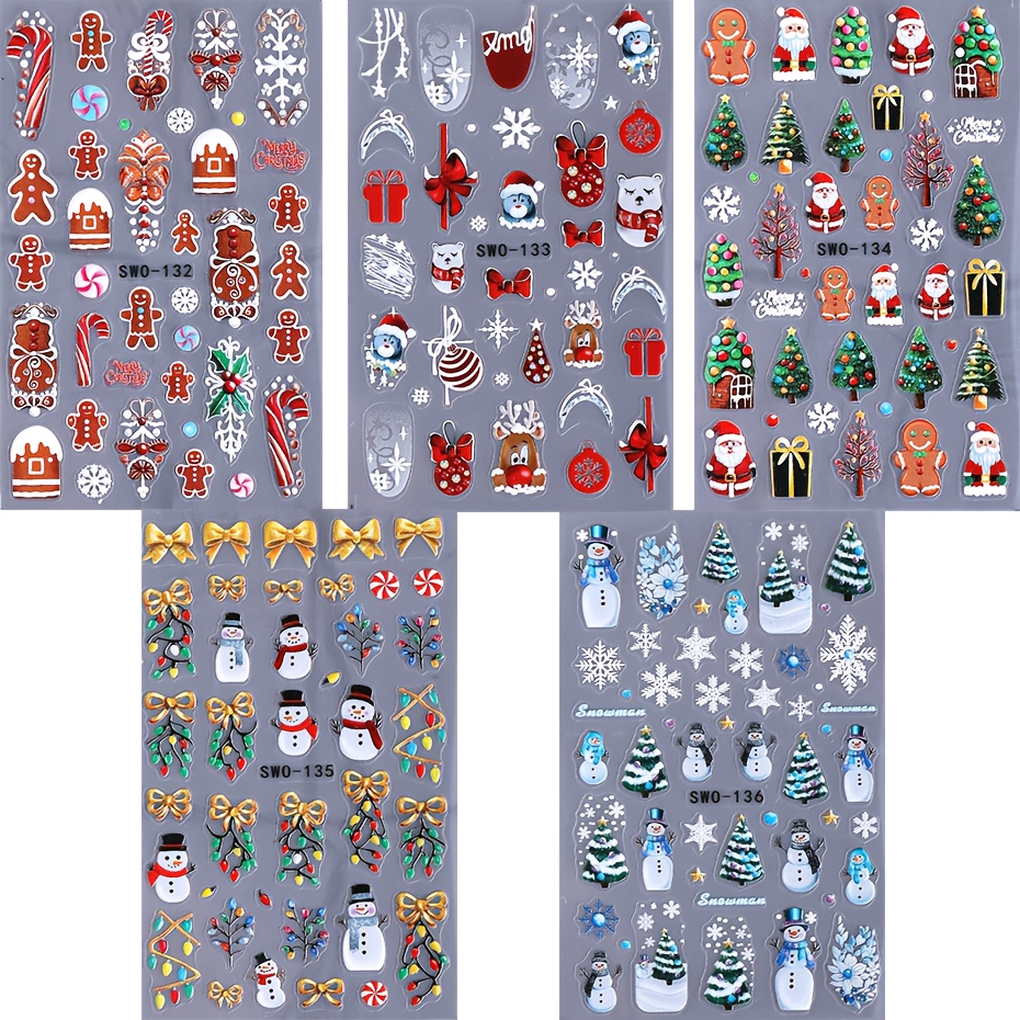 Image of 5pcs Embossed Snowman Santa Claus Nail Art Stickers 5d Engraved Gingerbread For Man Christmas Lights Decals Snowflake Jingling Bell Elk Manicure Sliders